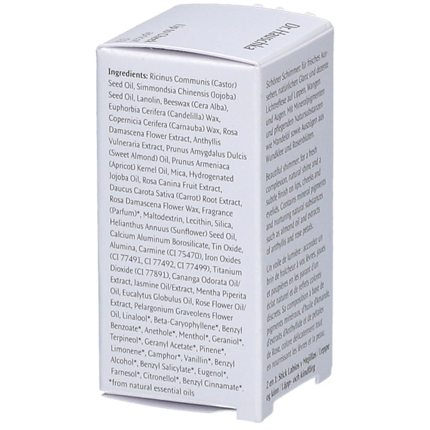 Weiße Produktverpackung mit Text. Enthält Inhaltsstoffe und Produktbeschreibung in mehreren Sprachen.