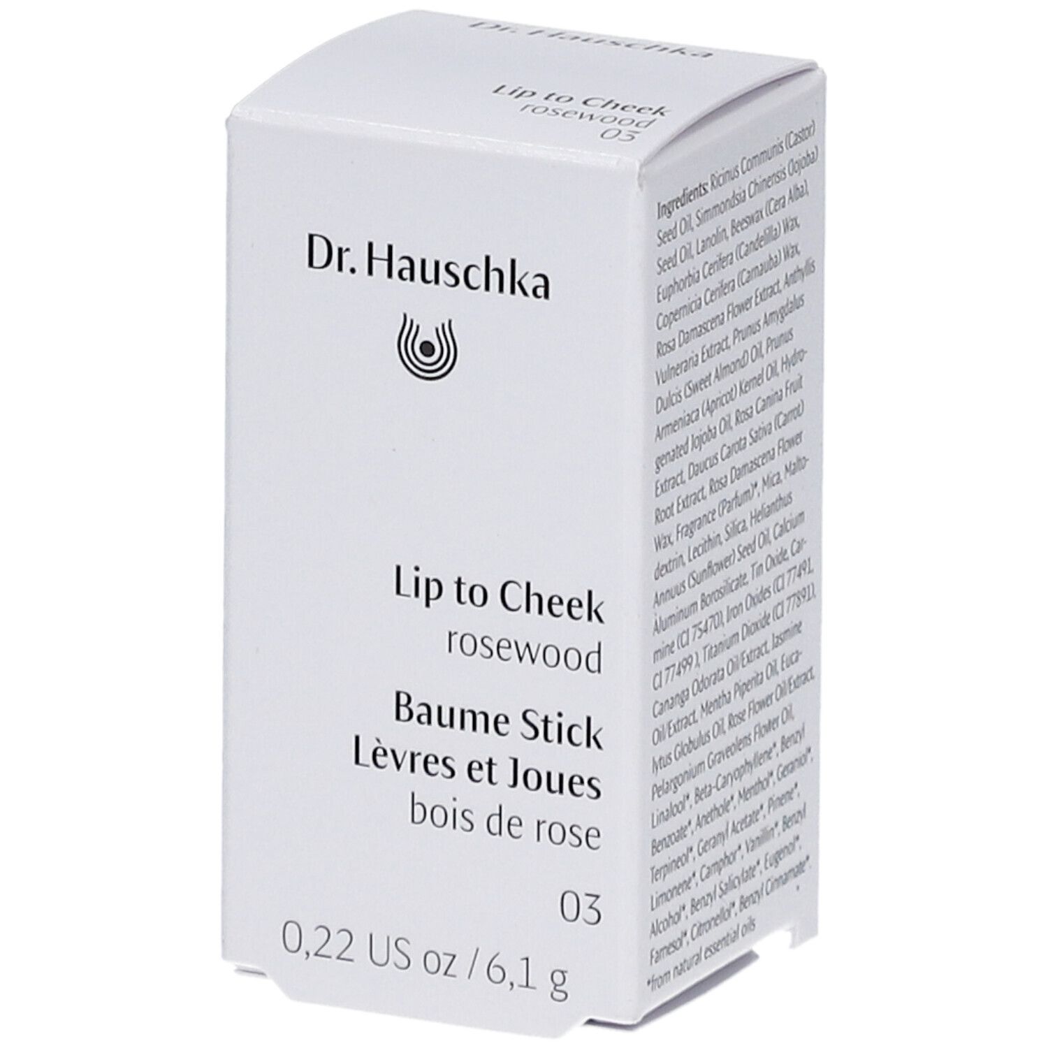 Weiße Verpackung mit Produktinformationen. Aufschrift: Dr. Hauschka, Lip to Cheek, rosewood, Baume Stick, bois de rose, 03, 6,1g.