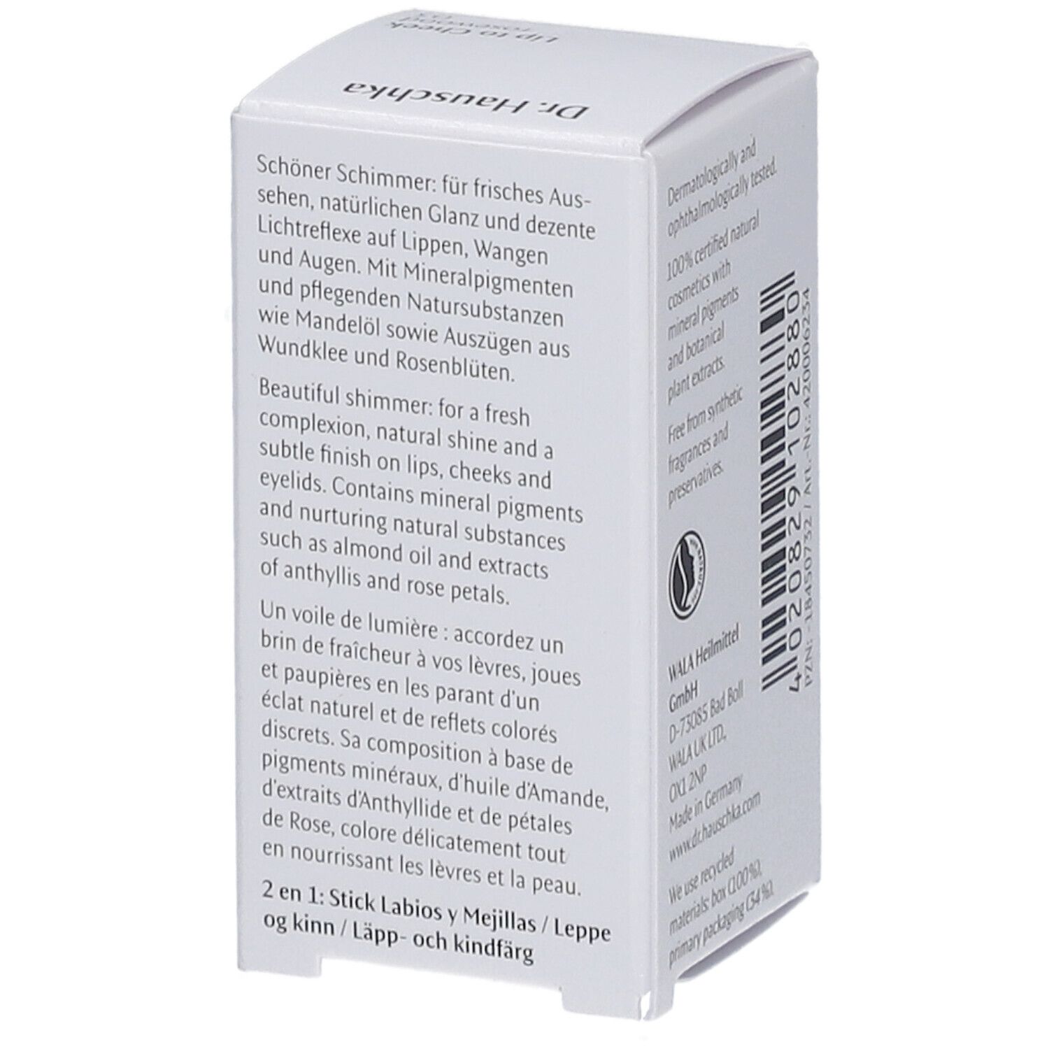 Weiße Verpackung mit Text. Aufschrift: Schöner Schimmer, natürliche Glanz, mineralische Pigmente, Mandelöl, Rosenblüten. 2 in 1 Stick.