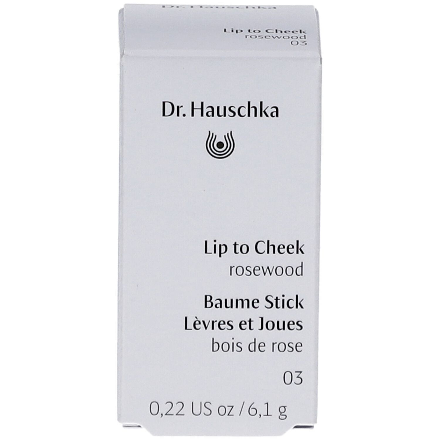 Weiße Verpackung mit Produktinformationen. Aufschrift: Dr. Hauschka, Lip to Cheek, rosewood, Baume Stick, bois de rose, 03, 6,1g.