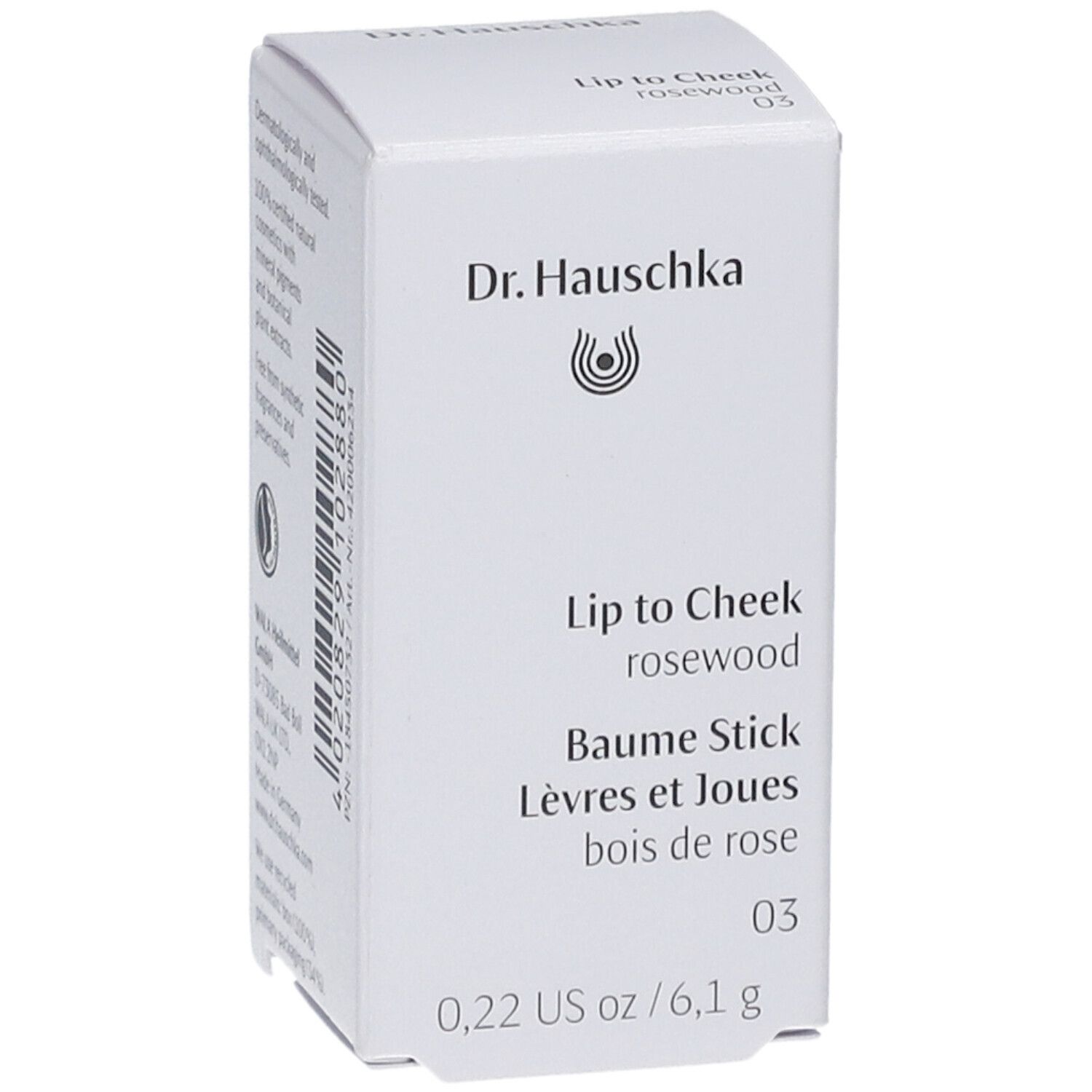 Weiße Verpackung mit Produktinformationen. Aufschrift: Dr. Hauschka, Lip to Cheek, rosewood, Baume Stick, bois de rose, 03, 6,1g.