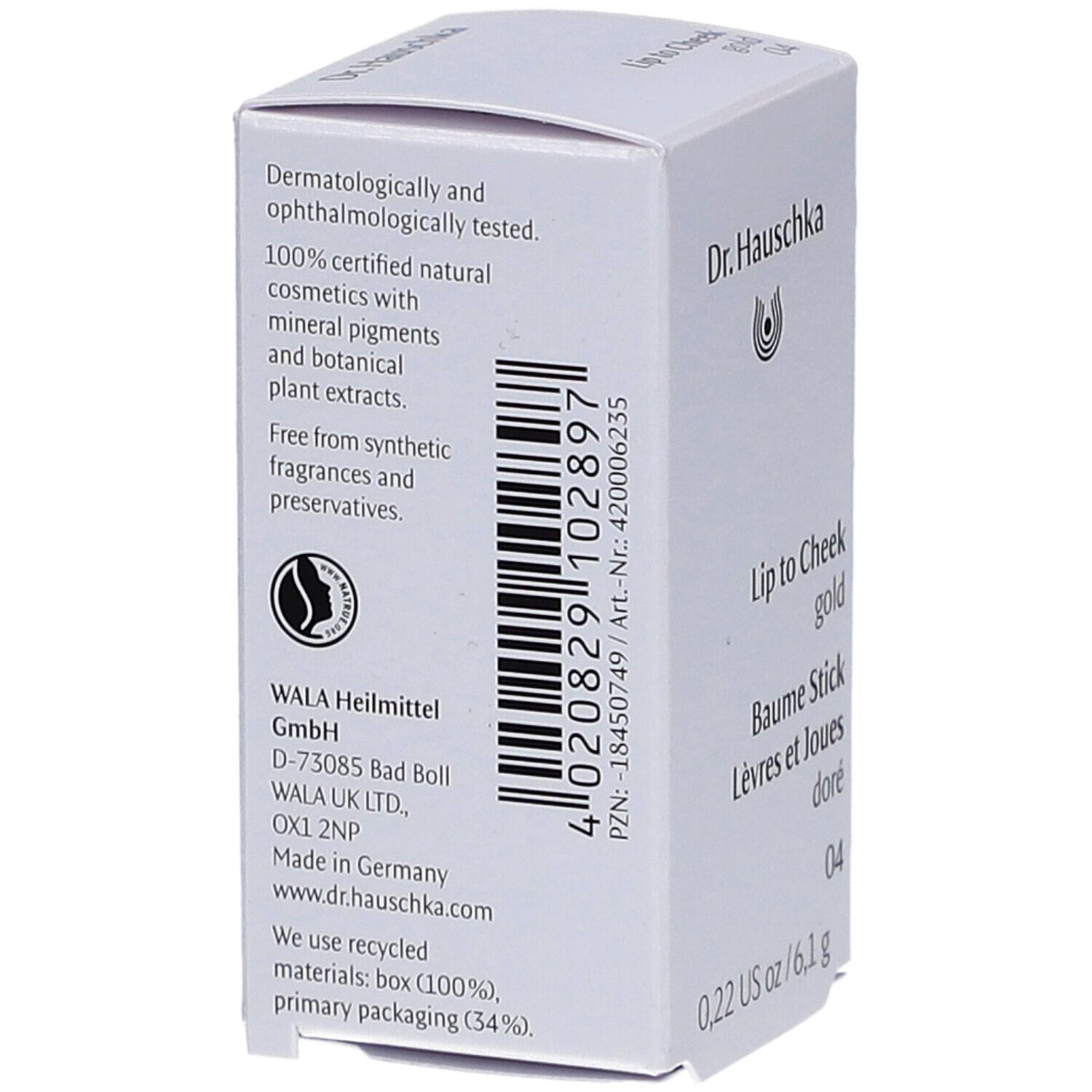 Weiße Verpackung. Rückseite mit Text: Dermatologisch getestet, 100% natürliche Kosmetik, mineralische Pigmente, pflanzliche Extrakte. Barcode.