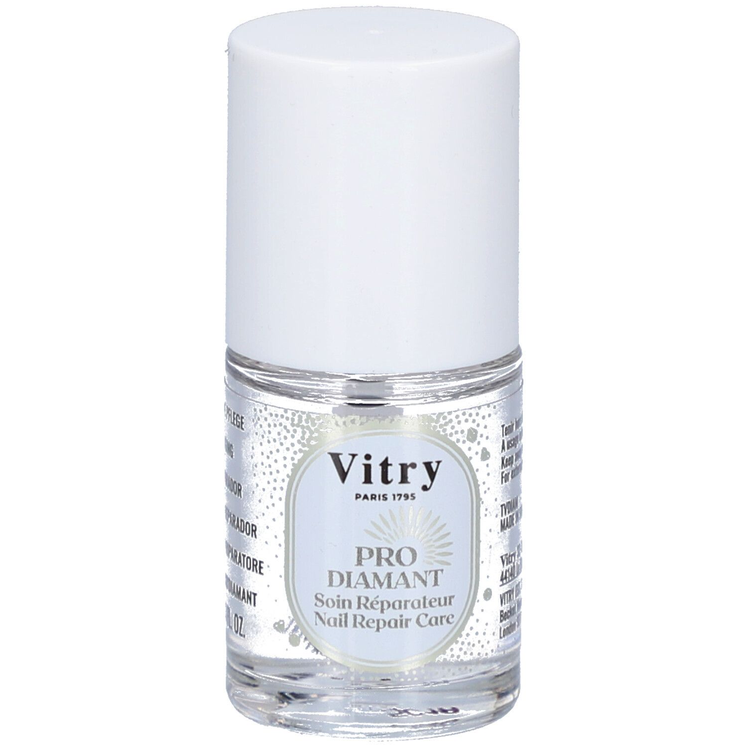 Klarer Nagellackflakon mit weißem Deckel. Etikett mit Produktnamen und Marke Vitry.