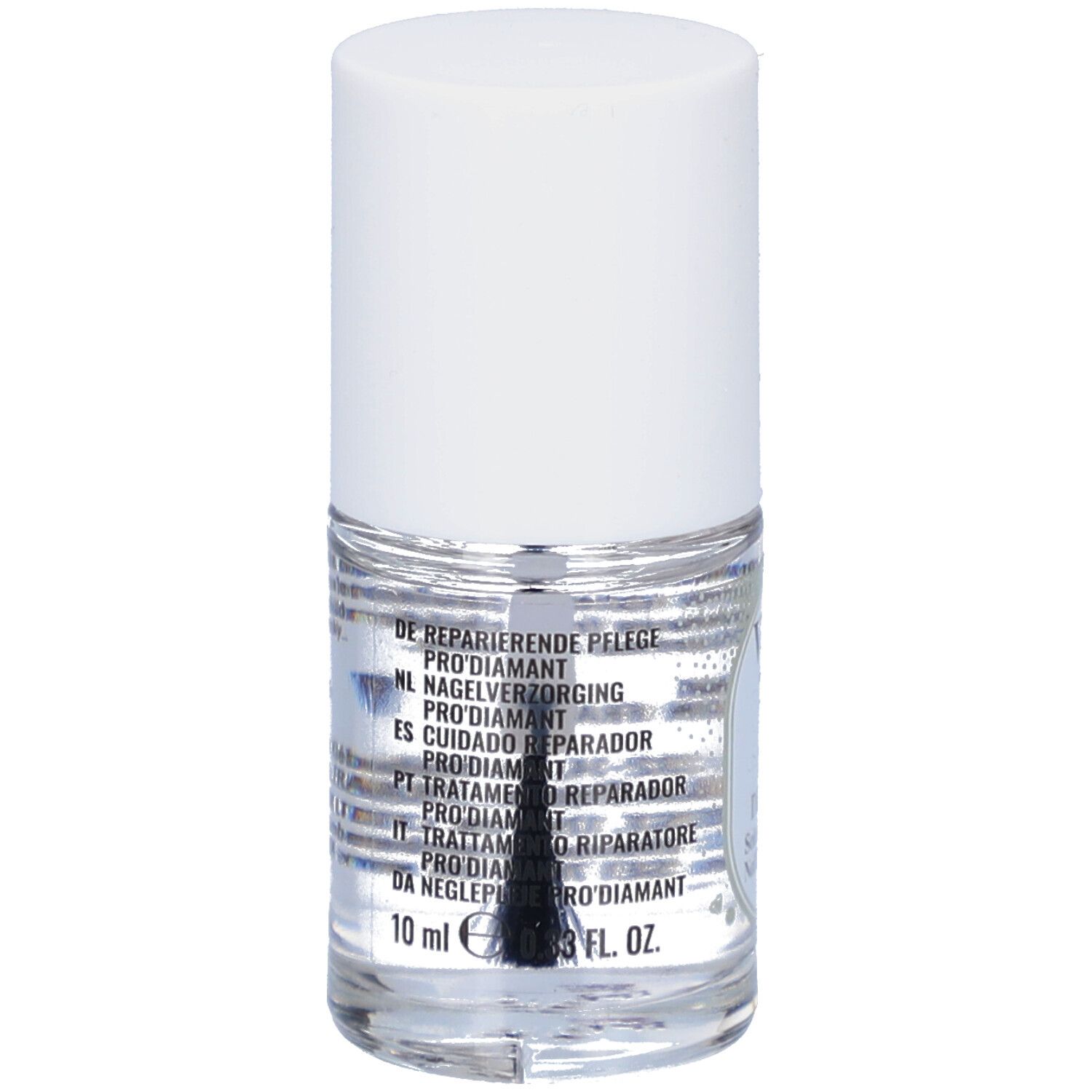 Nagellackflakon mit Pinsel. Aufschrift: Pro Diamant, verschiedene Sprachen.