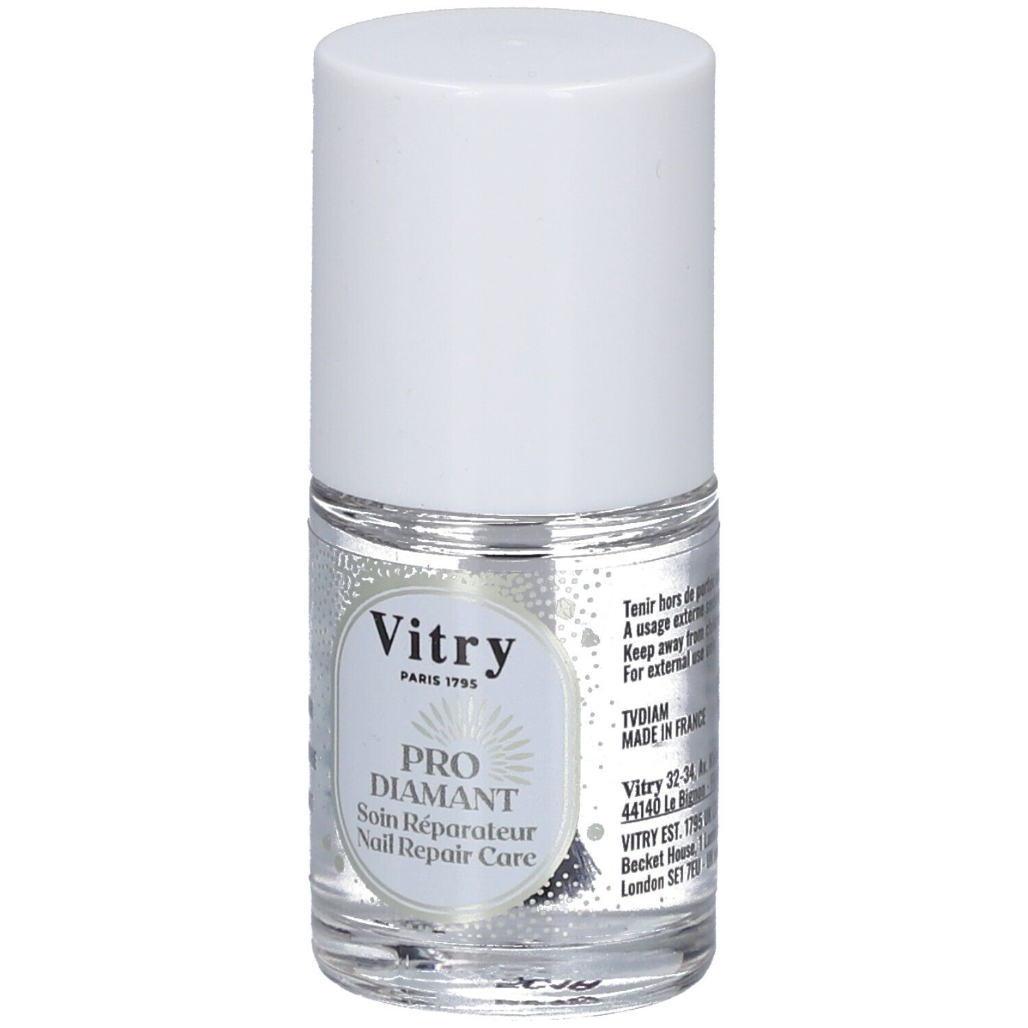 Nagellackflakon mit weißem Deckel. Etikett mit Produktnamen und Marke Vitry.