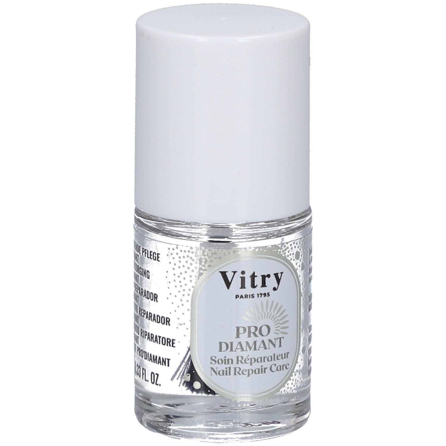 Nagellackflakon mit weißem Deckel. Etikett mit Produktnamen und Marke Vitry.