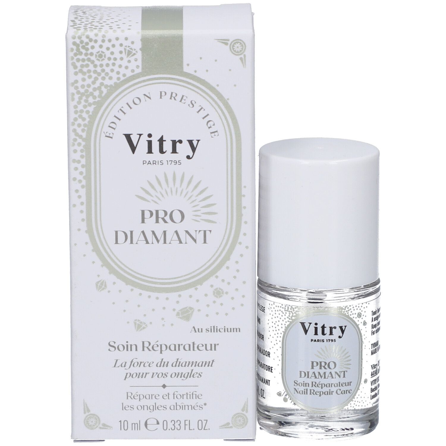 Produkt und Verpackung. Flakon und Schachtel mit Produktnamen und Marke Vitry.