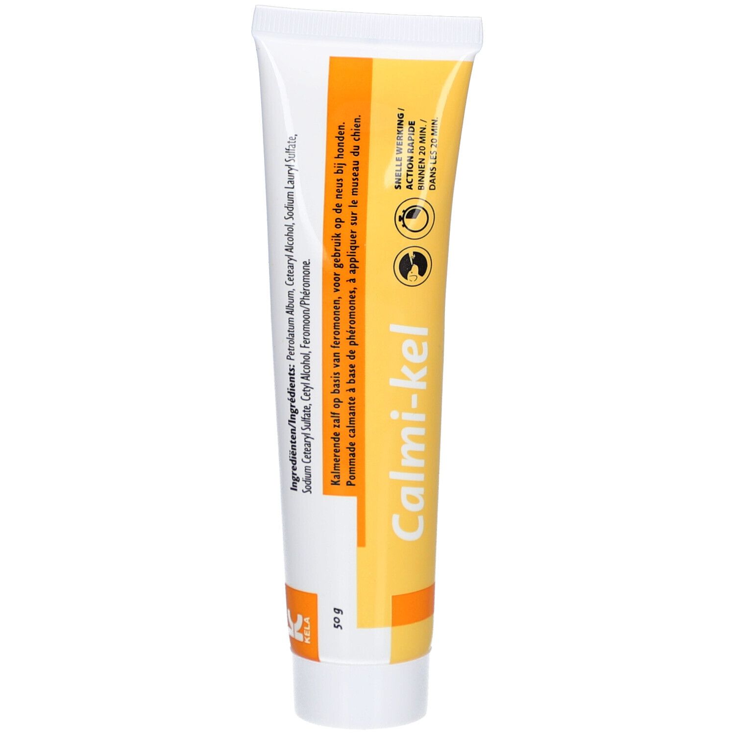 Creme-Tube mit gelbem Akzent. Aufschrift "Calmi-kel". Inhaltsstoffe und Anwendungshinweise aufgedruckt. 50g.