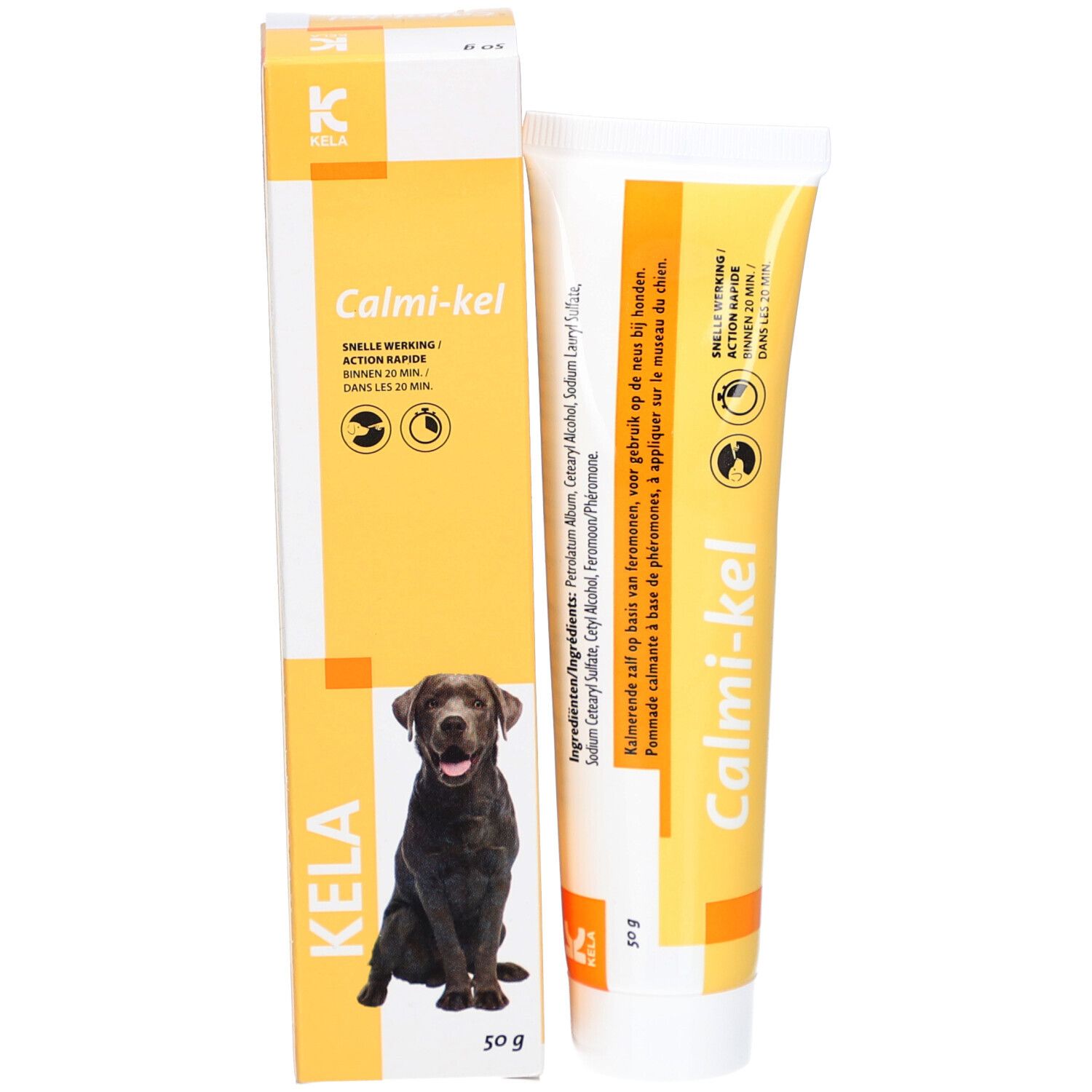 Produktverpackung mit Tube. Aufschrift "Calmi-kel". Abgebildet ist ein Hund. 50g. KELA Logo.