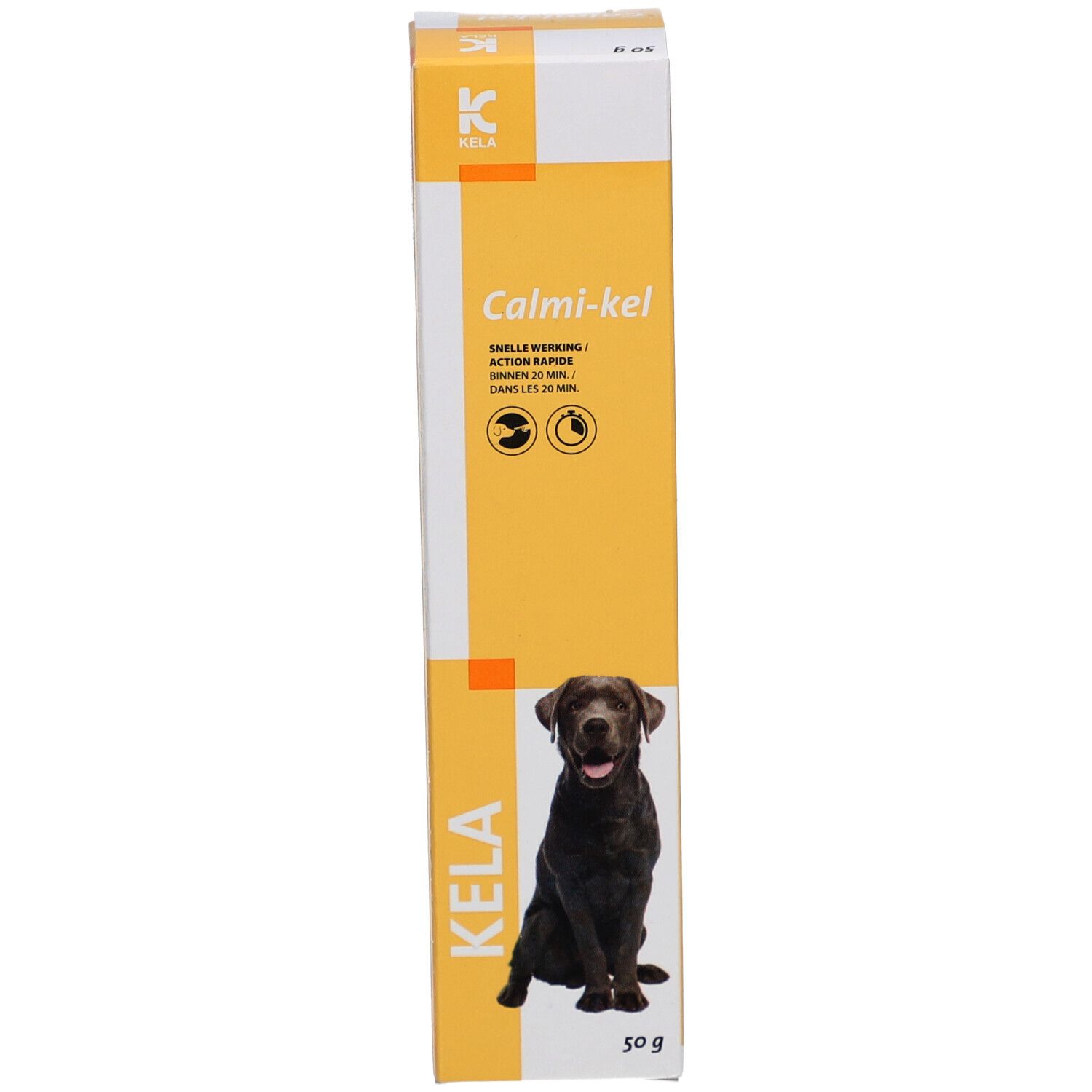 Produktverpackung. Aufschrift "Calmi-kel". Abgebildet ist ein Hund. KELA Logo. Gelber Hintergrund.