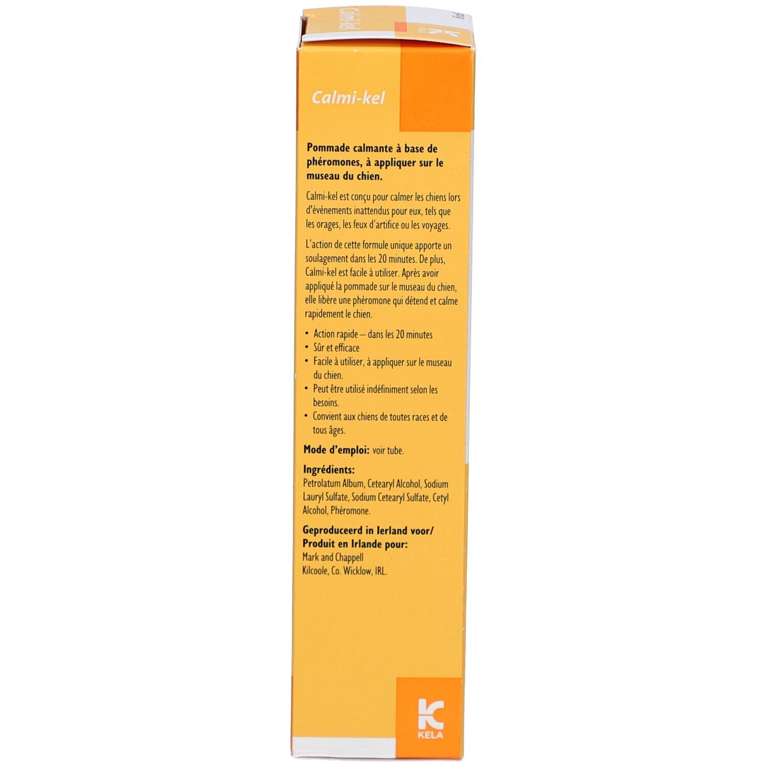 Produktverpackung. Aufschrift "Calmi-kel". Text in mehreren Sprachen. KELA Logo. Gelber Hintergrund.