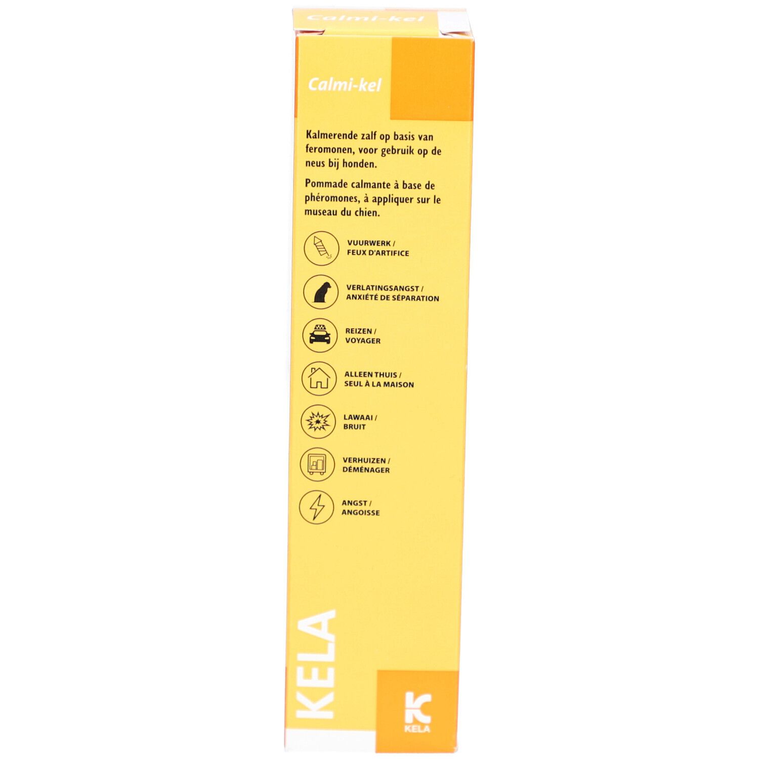 Produktverpackung. Aufschrift "Calmi-kel". Text in mehreren Sprachen. KELA Logo. Gelber Hintergrund.