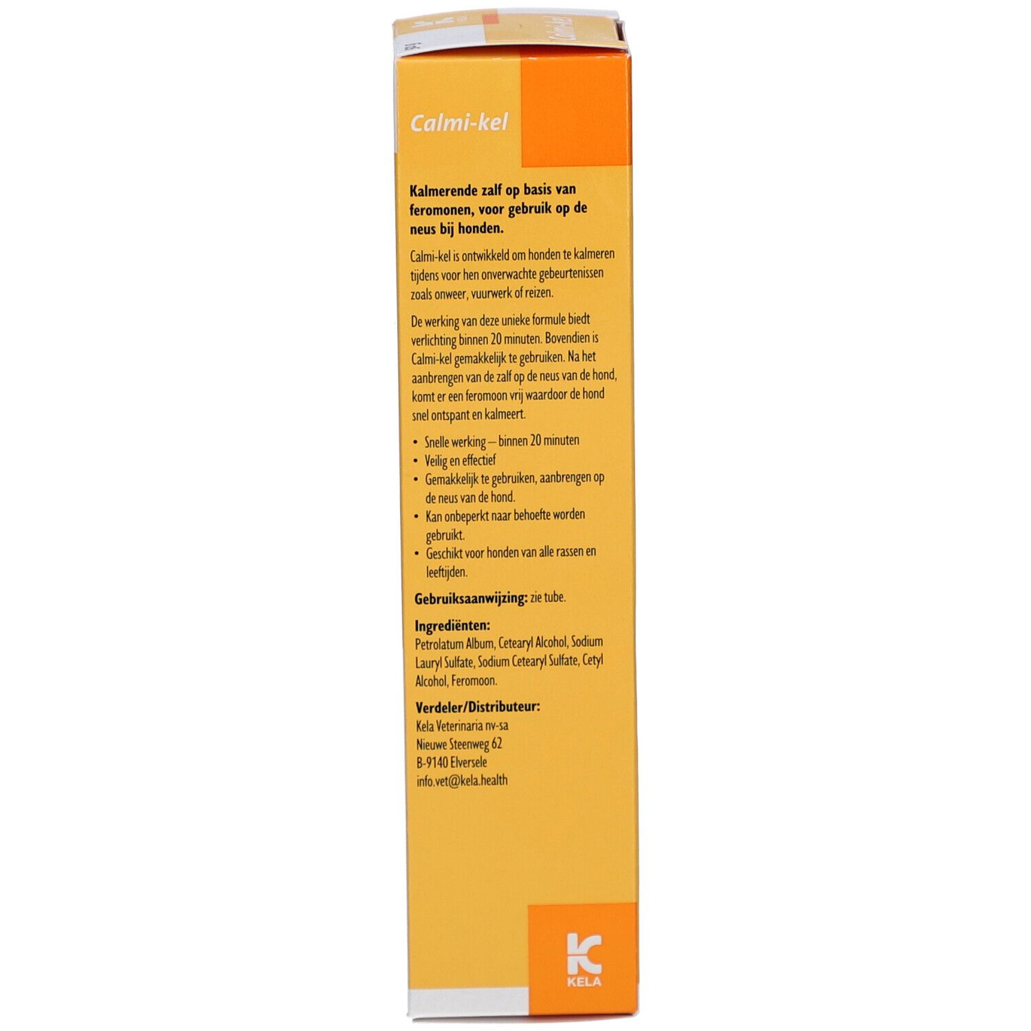 Produktverpackung. Aufschrift "Calmi-kel". Text in mehreren Sprachen. KELA Logo. Gelber Hintergrund.