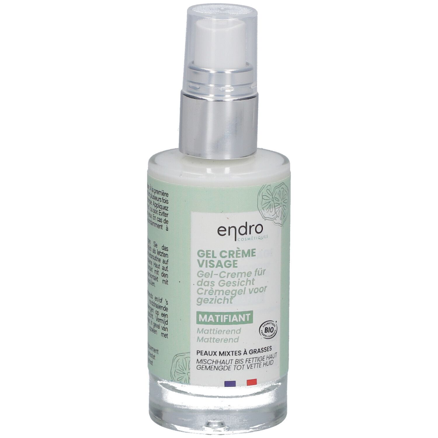 Gesichtscreme-Gel von Endro Cosmétiques. Transparente Flasche mit silbernem Pumpkopf. Grün-weiße Etiketten mit Produktinformationen.