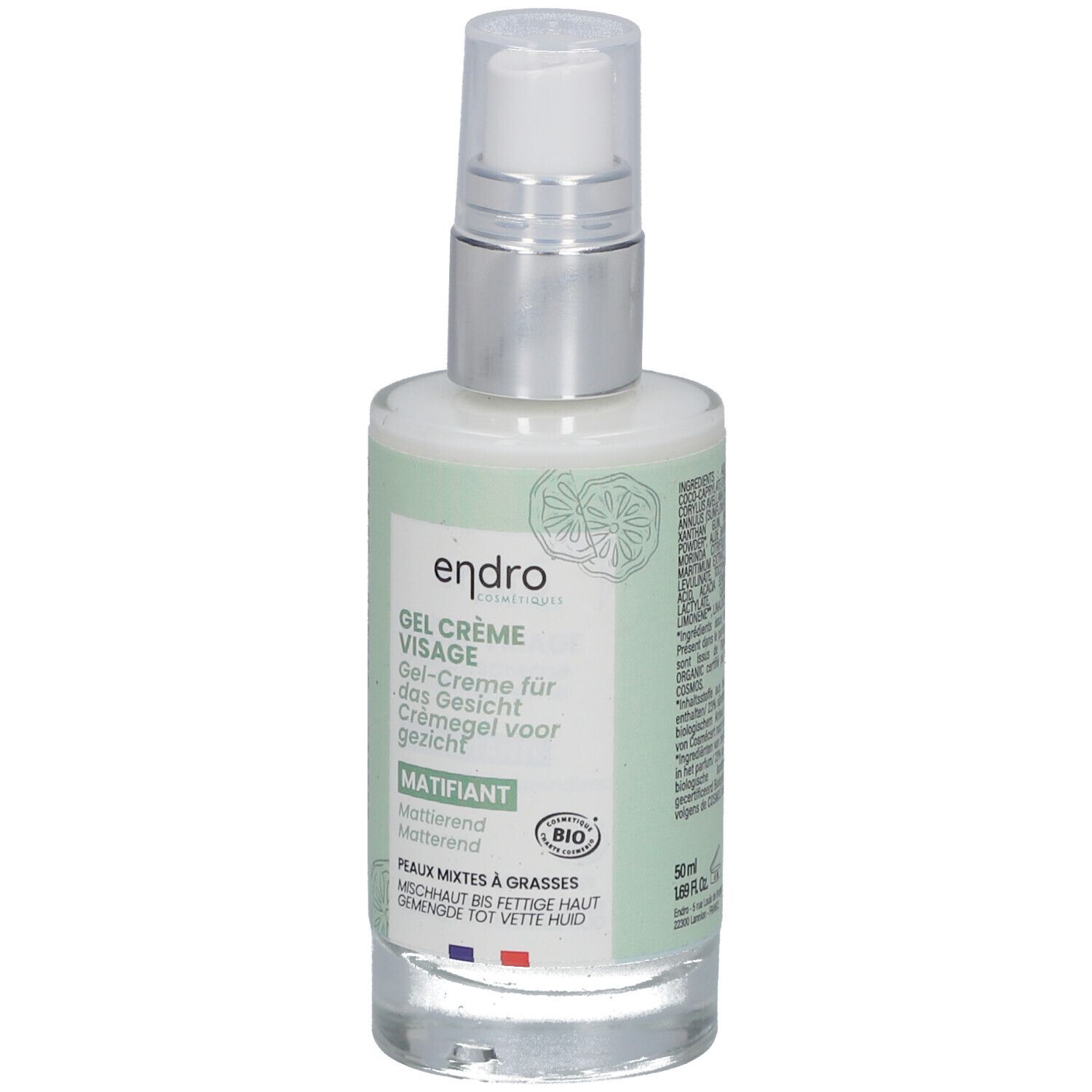 Gesichtscreme-Gel von Endro Cosmétiques. Transparente Flasche mit silbernem Pumpkopf. Etikett mit Produktinformationen und Volumen.