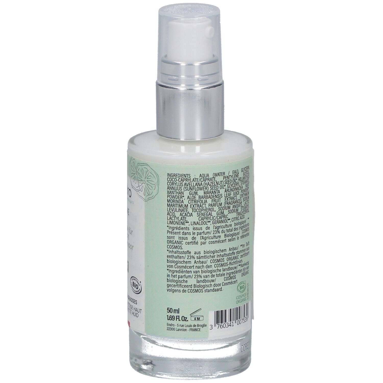 Rückseite der Endro Cosmétiques Gesichtscreme-Gel-Flasche. Enthält Inhaltsstoffe, Volumen, Bio-Zertifizierung und Barcode.