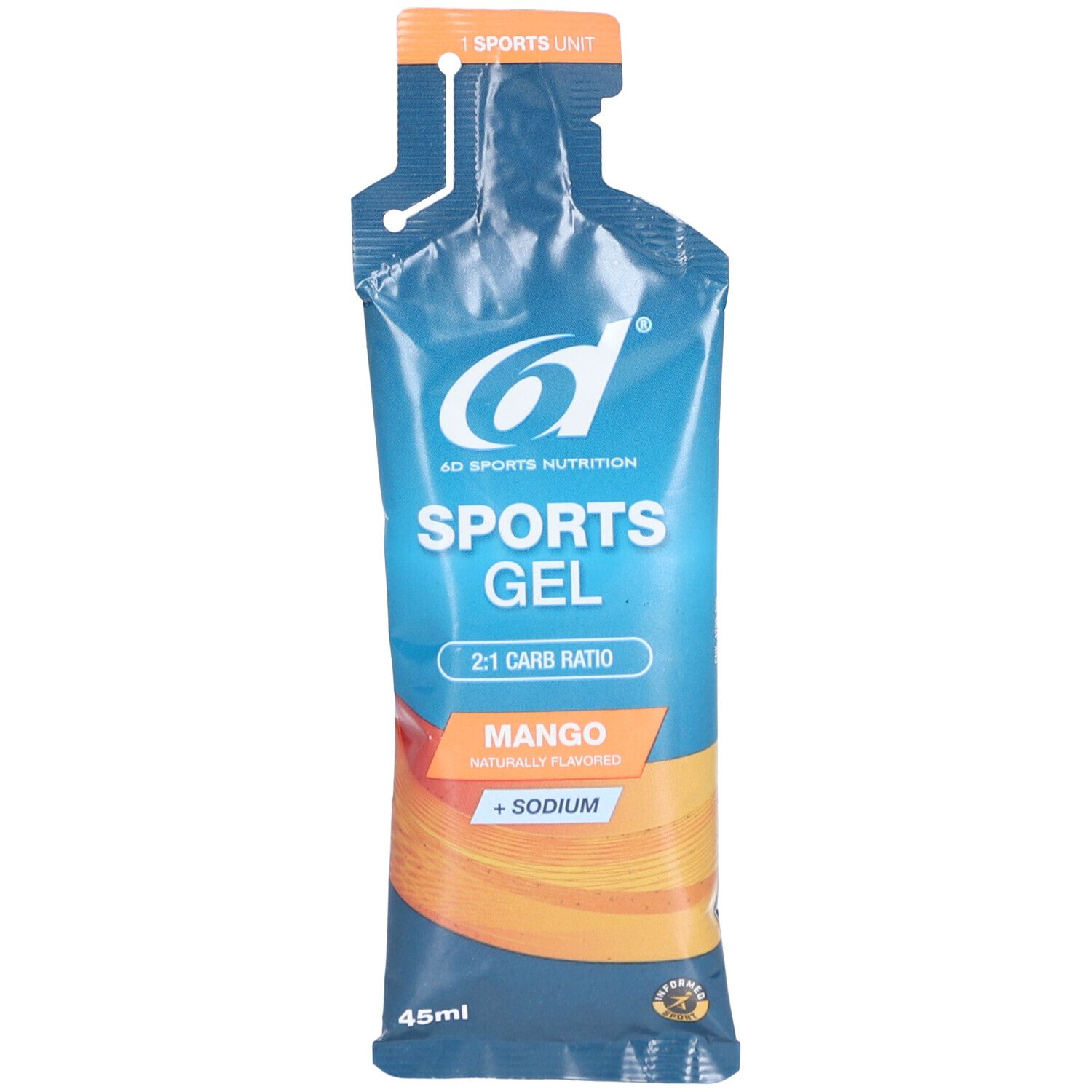 Sport-Gel-Beutel. Blaue Verpackung mit Logo und Schriftzug "SPORTS GEL". Aufschrift "MANGO + SODIUM". Unten: 45ml.