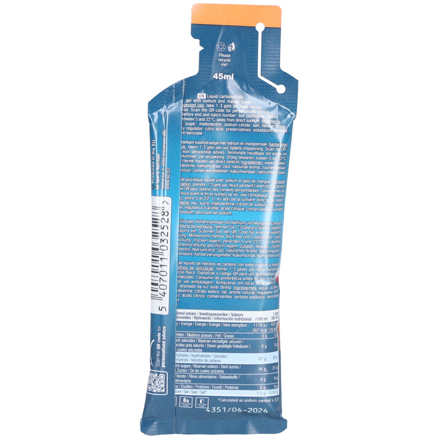 Rückseite des Sport-Gel-Beutels. Blaue Verpackung mit Text und Nährwertangaben. Unten: 45ml.
