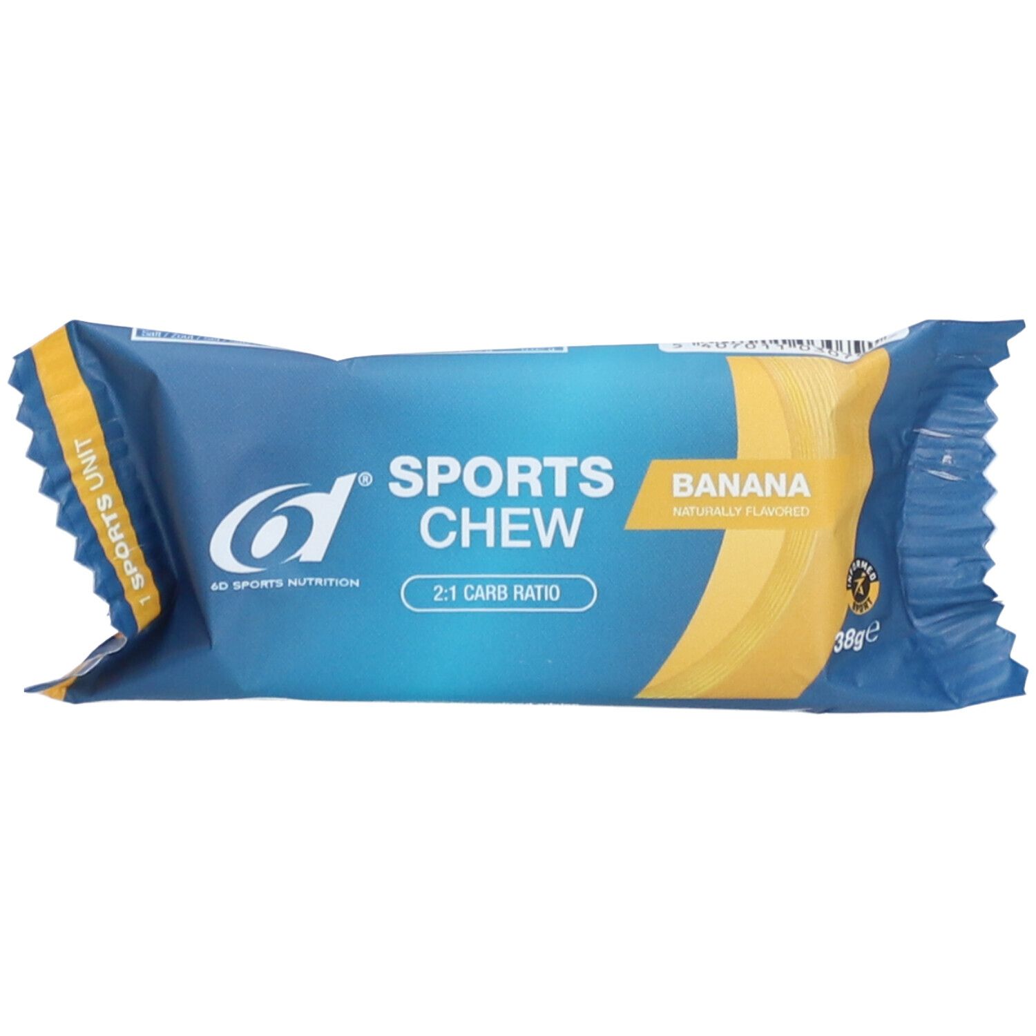Blau-gelbe Verpackung mit "6D Sports Chew"-Logo und "Banane"-Aufdruck. 2:1 Carb Ratio. 38g.