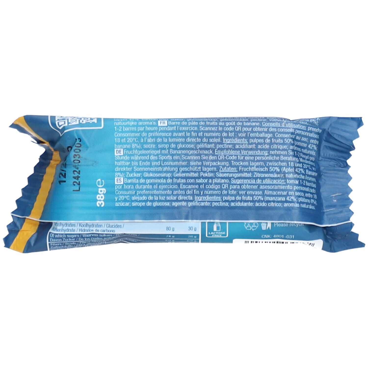 Rückseite der Verpackung mit Nährwertangaben und Text. 38g. QR-Code und Chargennummer.