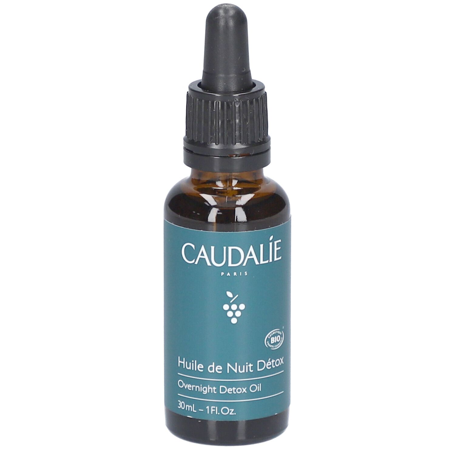 Braune Glasflasche mit Pipette. Aufschrift: Caudalie, Huile de Nuit Détox, Overnight Detox Oil. 30ml - 1 Fl.Oz.