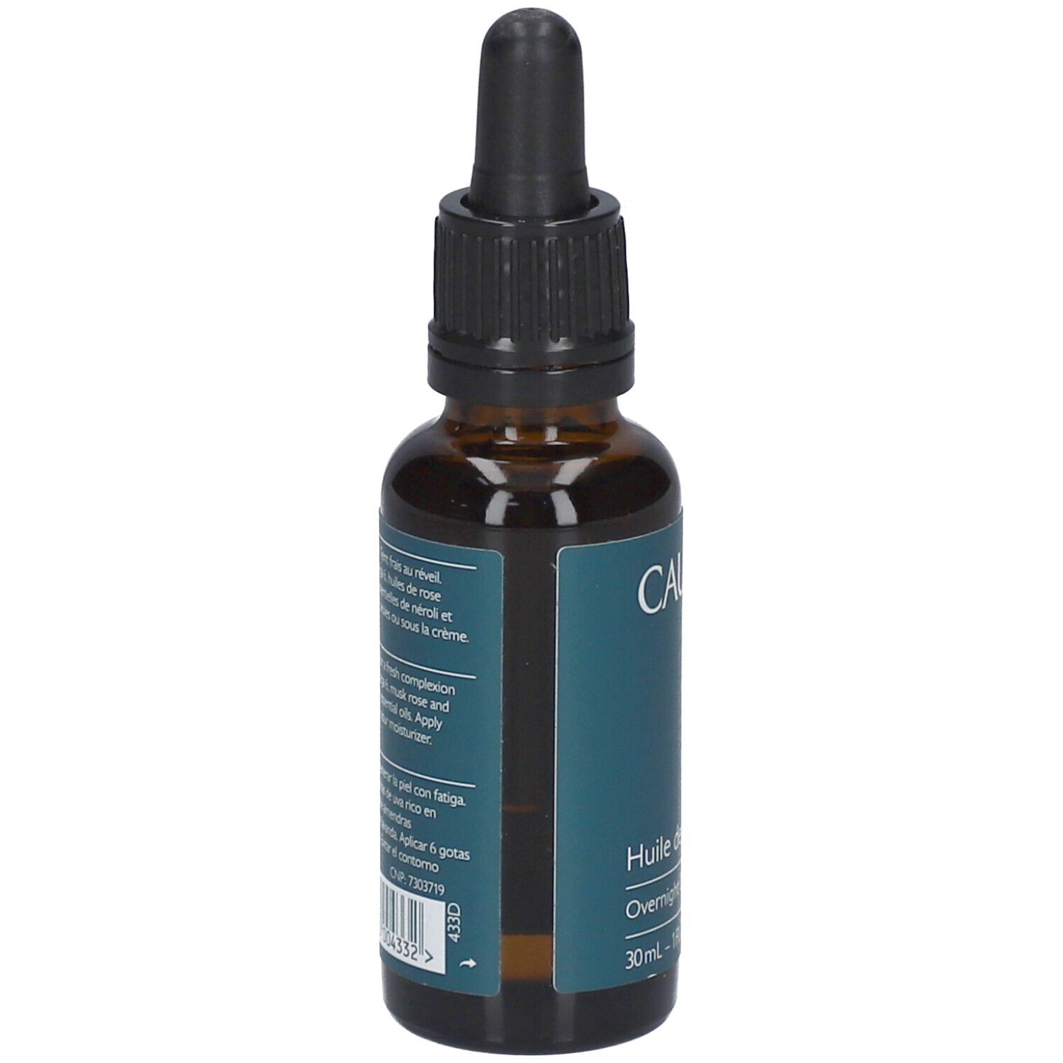 Braune Glasflasche mit Pipette. Aufschrift: Caudalie, Huile de Nuit Détox, Overnight Detox Oil. Text auf Französisch.