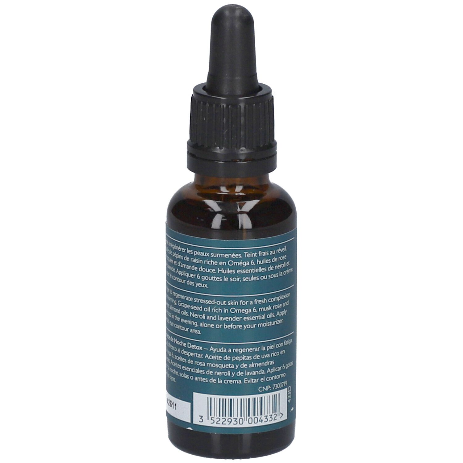 Braune Glasflasche mit Pipette. Aufschrift: Caudalie, Huile de Nuit Détox, Overnight Detox Oil. Text auf Französisch.