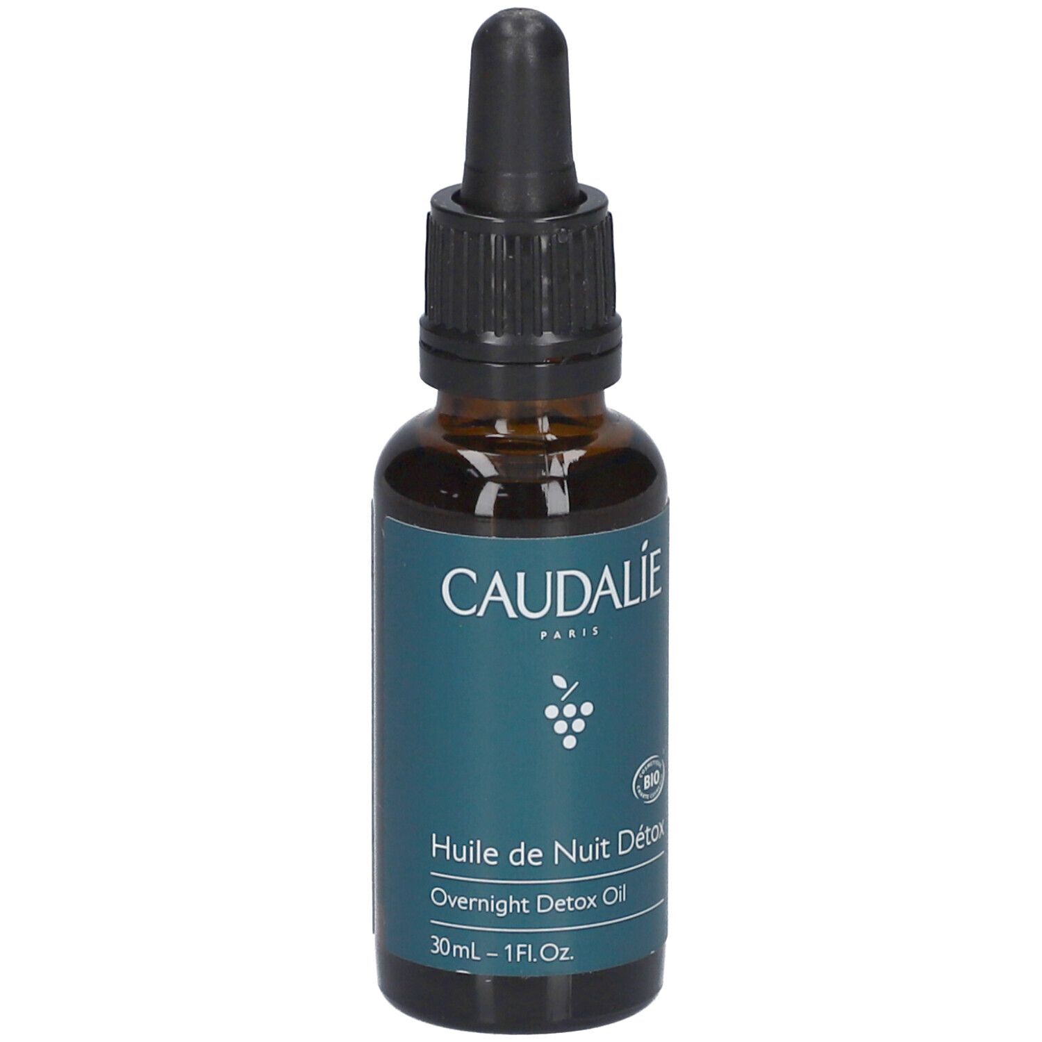 Braune Glasflasche mit Pipette. Aufschrift: Caudalie, Huile de Nuit Détox, Overnight Detox Oil. 30ml - 1 Fl.Oz.