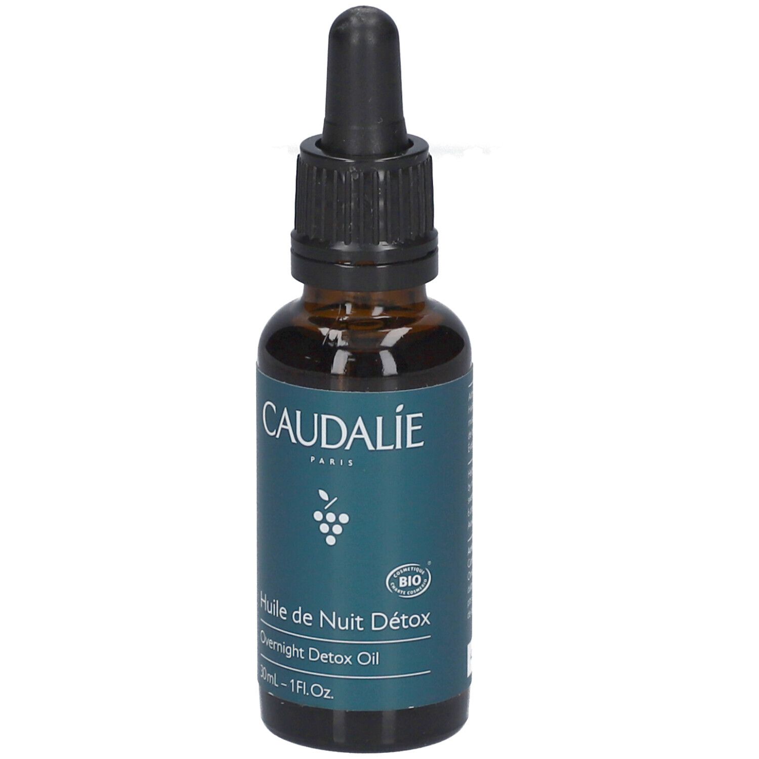 Braune Glasflasche mit Pipette. Aufschrift: Caudalie, Huile de Nuit Détox, Overnight Detox Oil. 30ml - 1 Fl.Oz. Bio-Siegel.