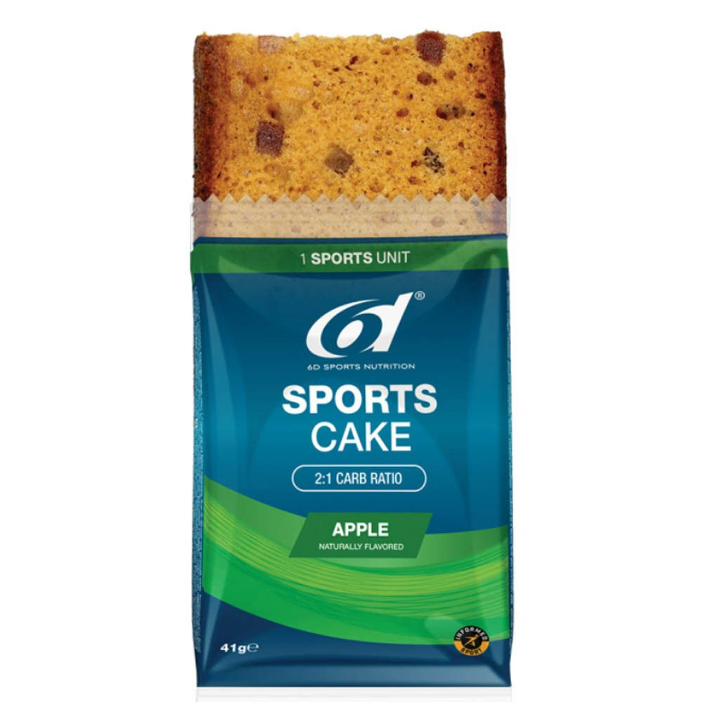 Gâteau ouvert dans son emballage. Inscription : 6D Sports Nutrition, Sports Cake, Pomme. Portion unique. 41g.