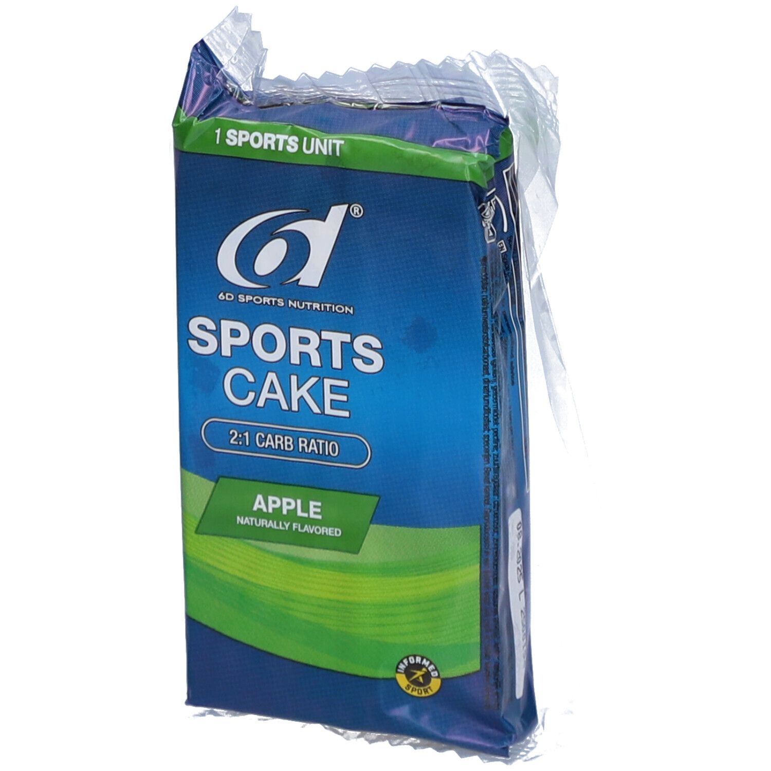 Verpackung mit blau-grünem Design. Aufschrift: 6D Sports Nutrition, Sports Cake, Apfel. 2:1 Carb Ratio. Einzelportion.