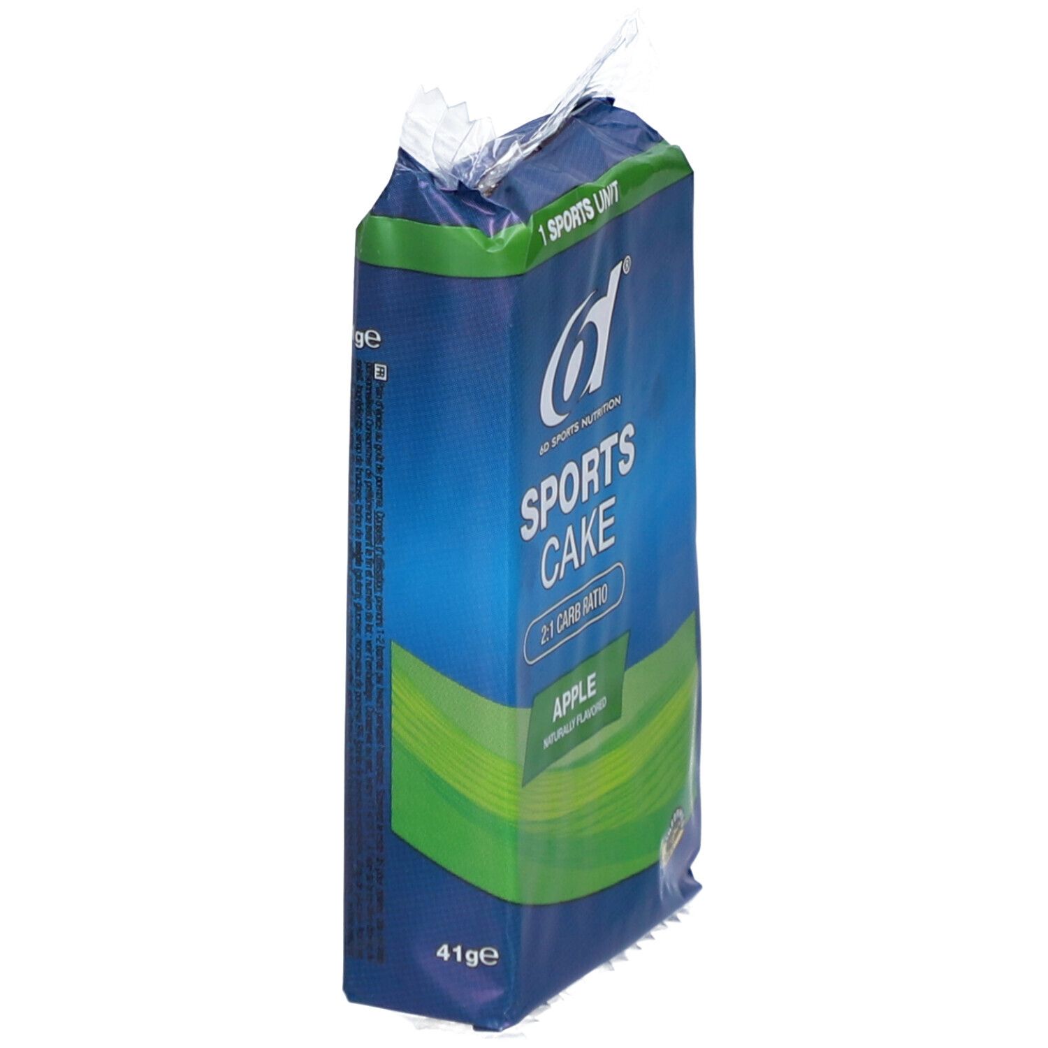 Blau-grüne Verpackung, leicht schräg. Aufschrift: 6D Sports Nutrition, Sports Cake, Apfel. 2:1 Carb Ratio. Einzelportion.
