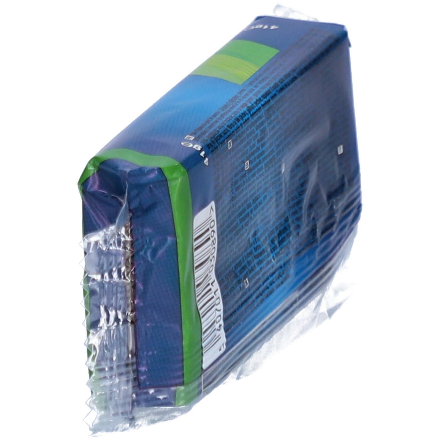 Verpackung schräg. Blau-grünes Design. Barcode. Einzelportion. 41g.