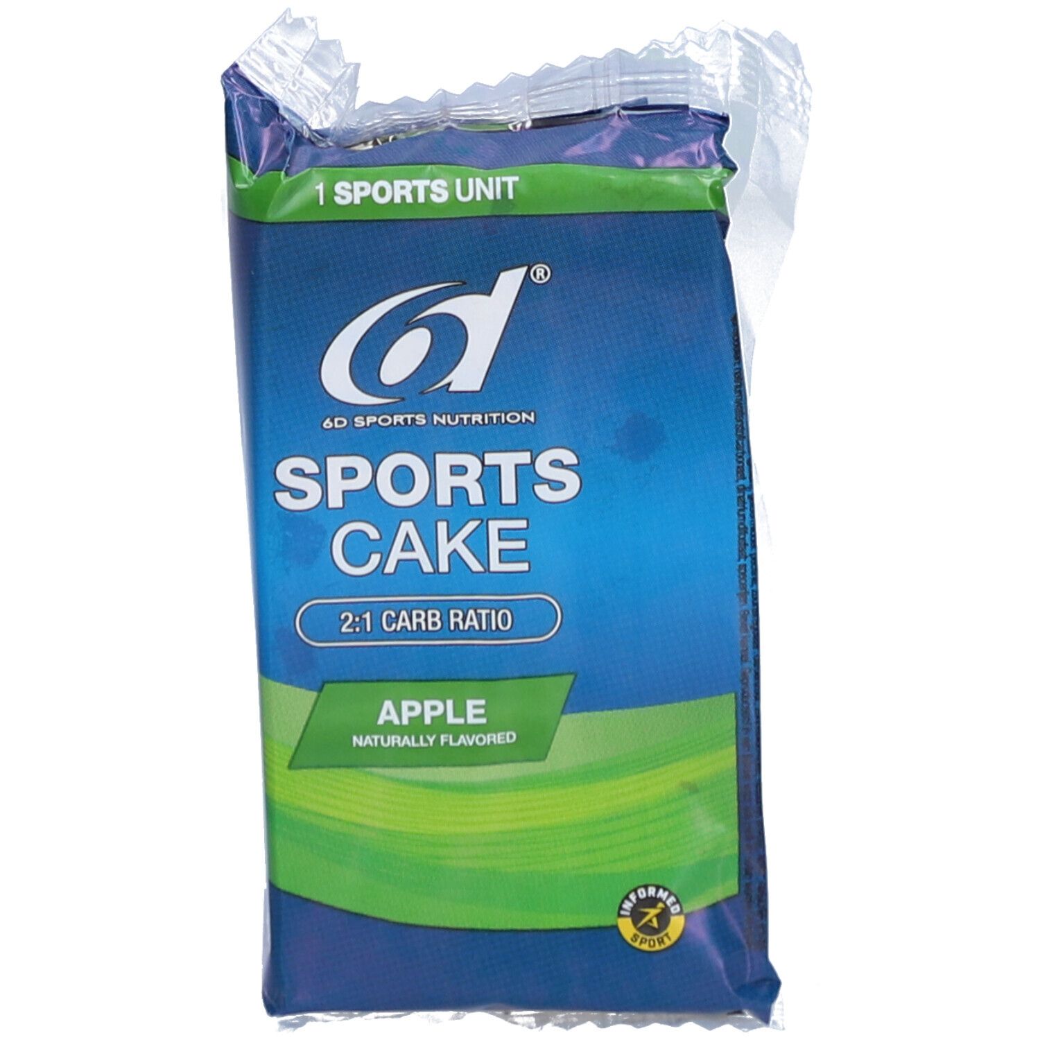 Verpackung mit blau-grünem Design. Aufschrift: 6D Sports Nutrition, Sports Cake, Apfel. 2:1 Carb Ratio. Einzelportion.