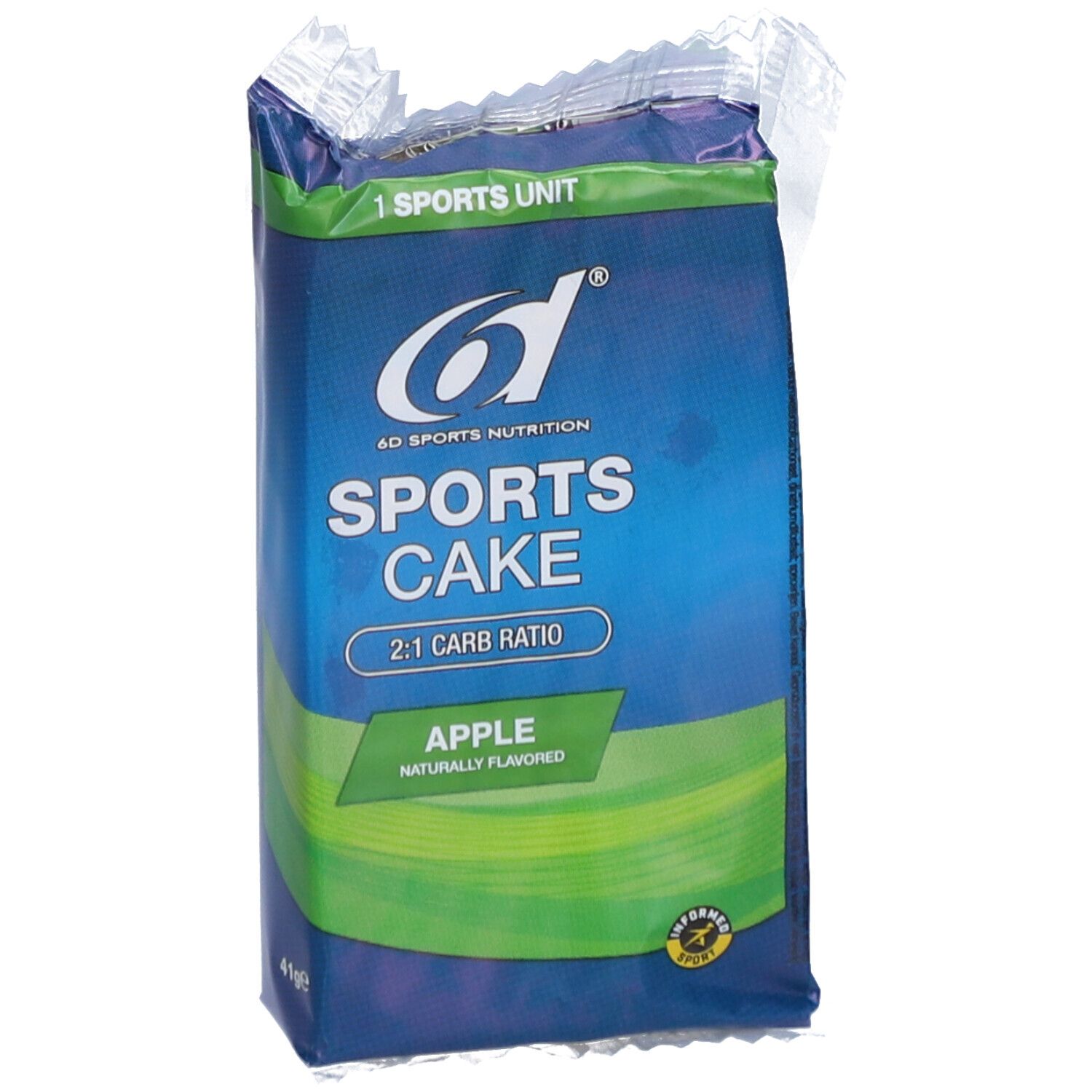 Verpackung mit blau-grünem Design. Aufschrift: 6D Sports Nutrition, Sports Cake, Apfel. 2:1 Carb Ratio. Einzelportion.