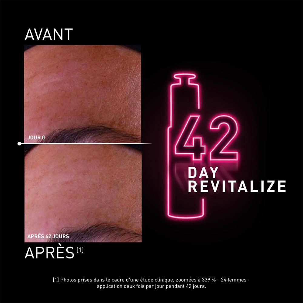 Comparaison avant-après. Zone de peau avec rides. Informations textuelles et image du produit.