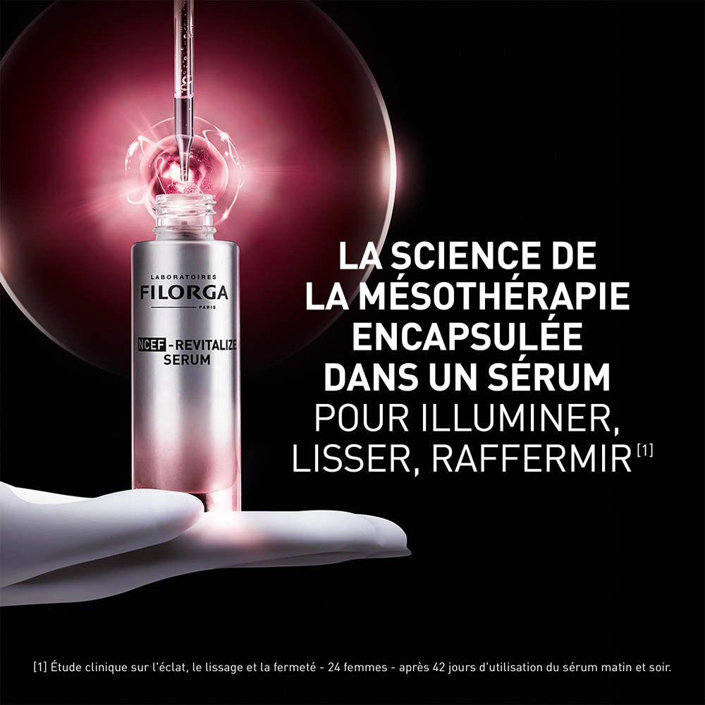 FILORGA NCEF-Revitalize Sérum. Flacon de sérum et image du produit. Informations textuelles en français.