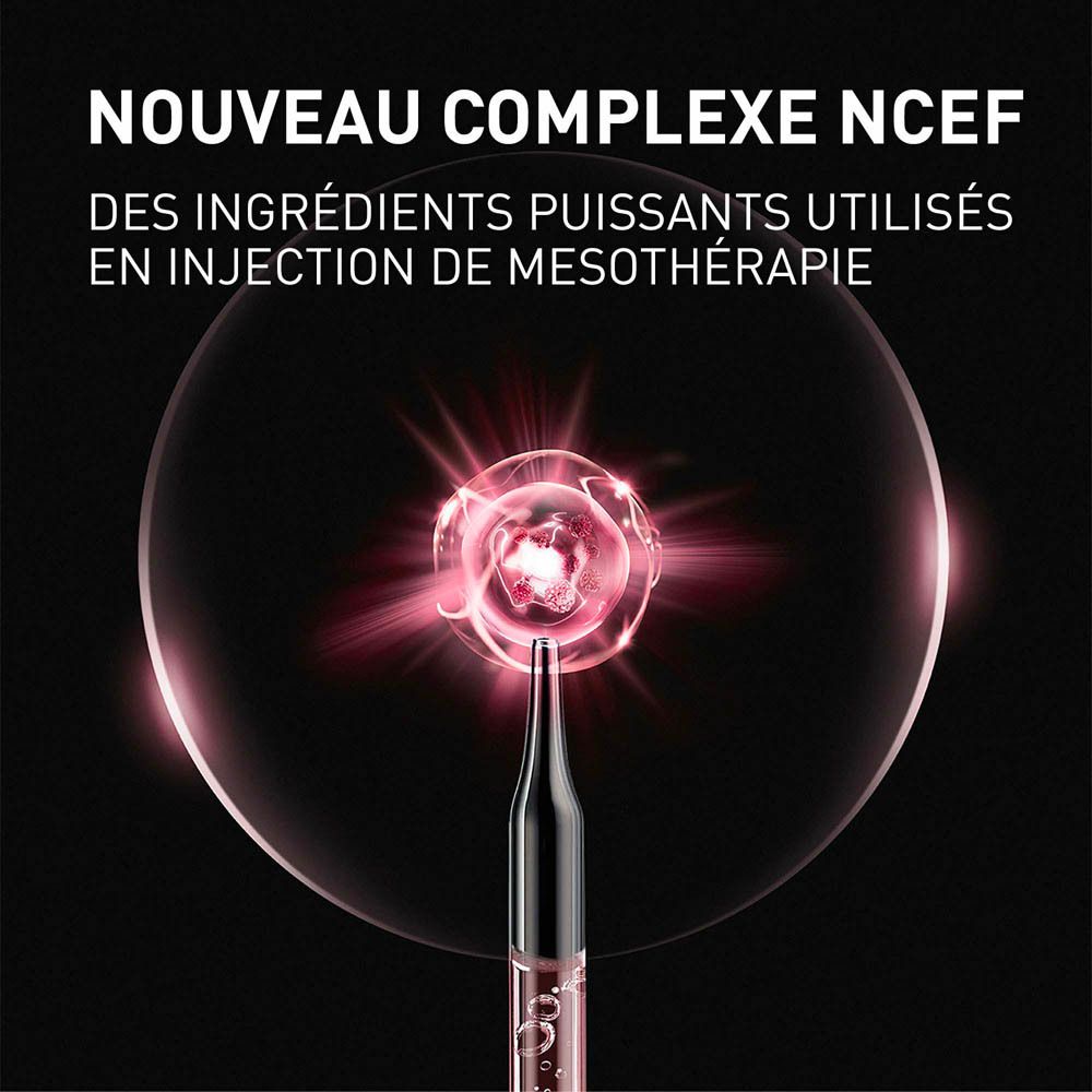 Image du sérum. Informations textuelles sur les ingrédients et la mésothérapie.