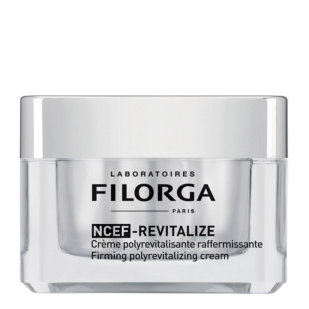 FILORGA NCEF-REVITALIZE Creme-Glas. Transparenter Tiegel mit weißem Deckel. Produktname und Logo sichtbar.