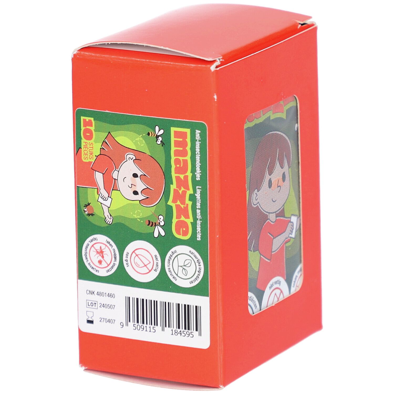 Rote Pappschachtel mit Produktabbildung und Text. Aufdruck: Mazzze, Anti-Insekten-Servietten. Cartoon-Illustration einer Person.