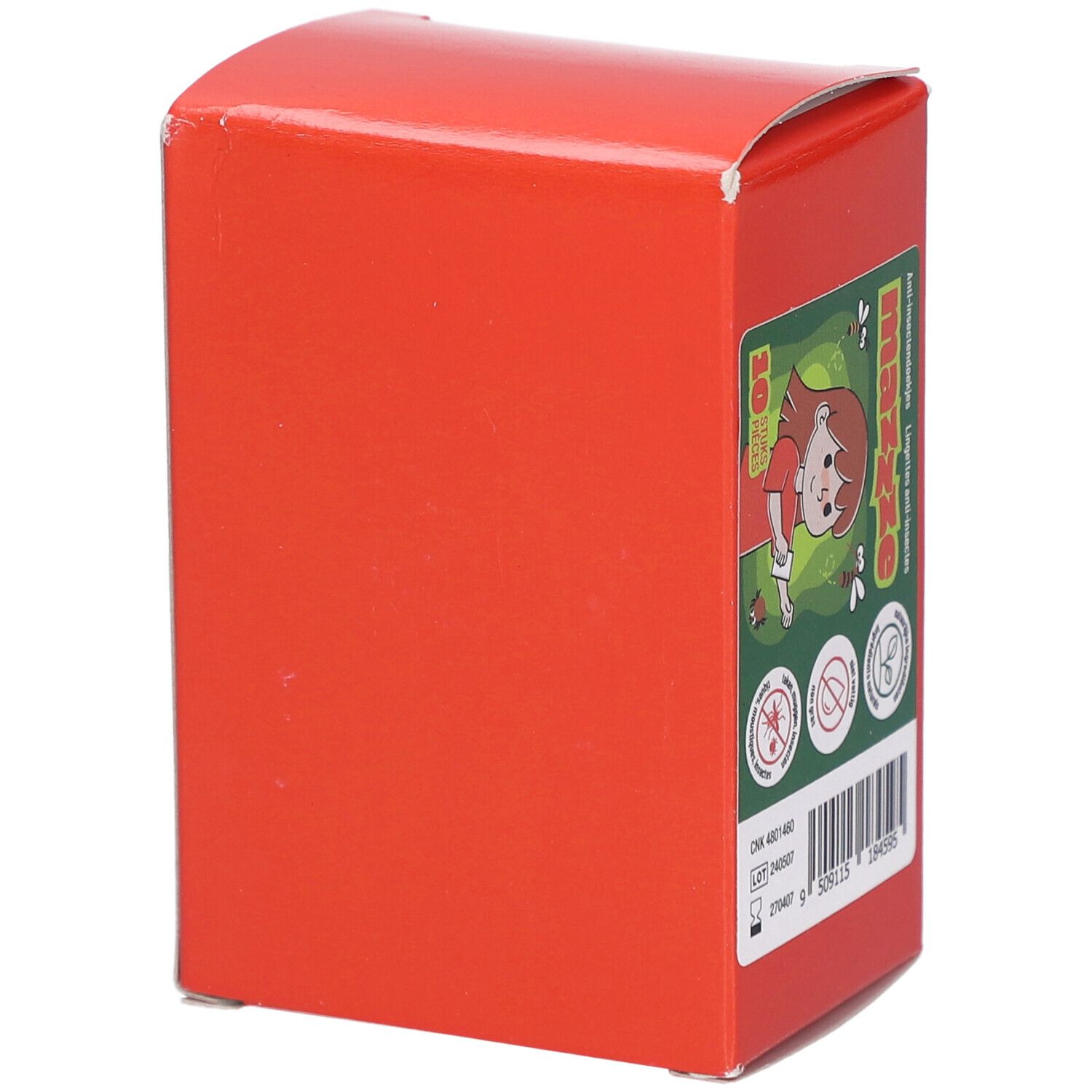 Rote Pappschachtel. Aufdruck: Mazzze, Anti-Insekten-Servietten. Cartoon-Illustration einer Person. Produktabbildung und Text.