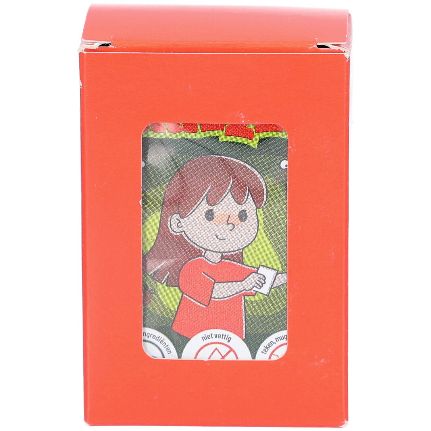 Rote Pappschachtel mit Fenster. Produktabbildung durch Fenster sichtbar. Cartoon-Illustration einer Person, die ein Produkt hält.