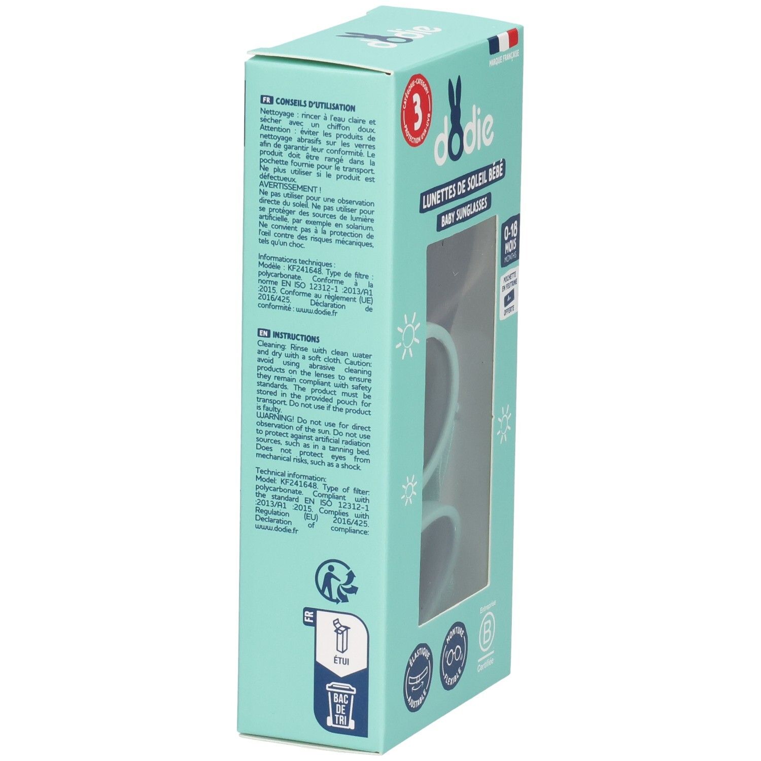 Boîte turquoise, côté avec texte. Marque Dodie, texte: Lunettes de Soleil Bébé. Informations d'utilisation et de nettoyage. Fabriqué en France.