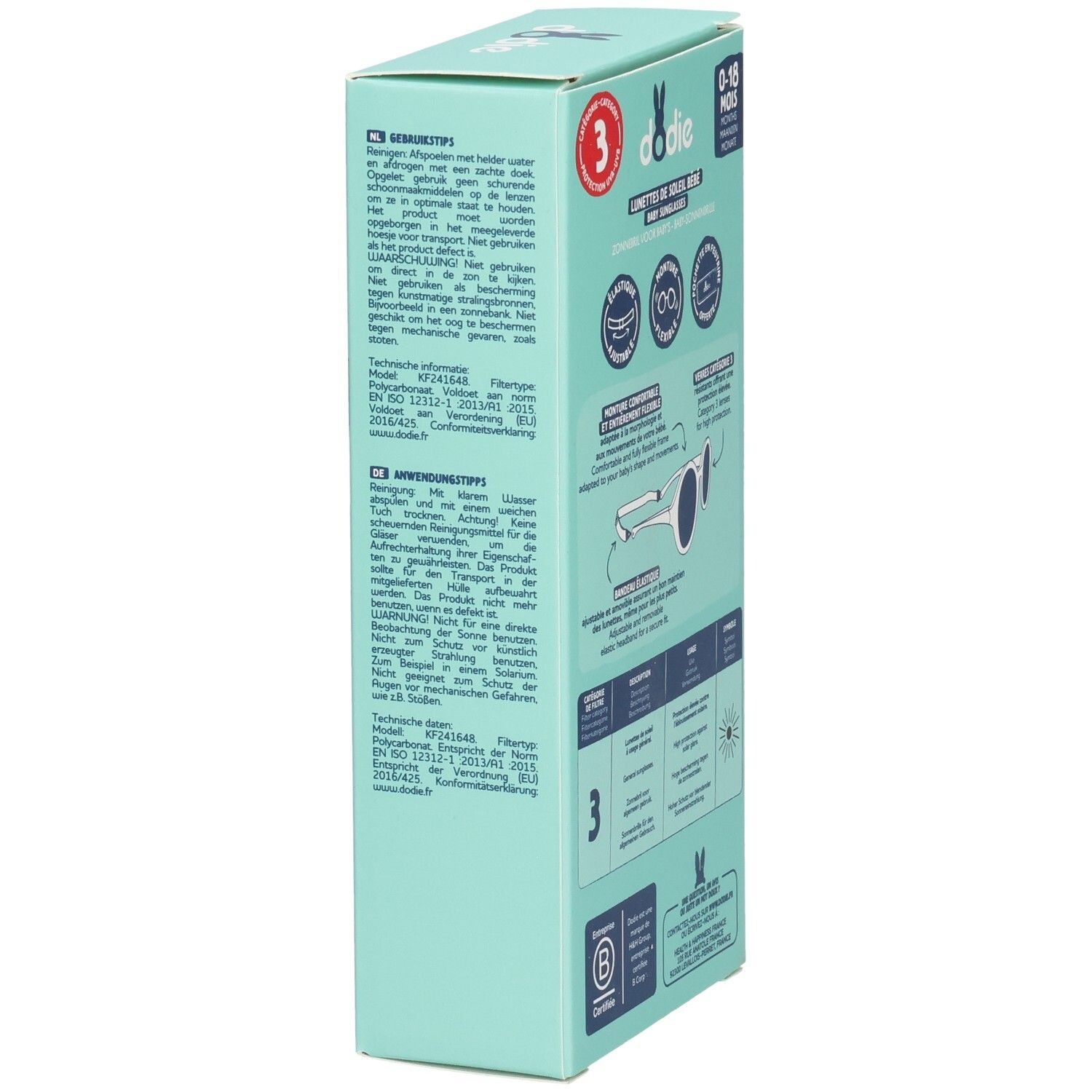 Boîte turquoise, côté avec texte. Marque Dodie, texte: Lunettes de Soleil Bébé. Informations d'utilisation et de nettoyage.