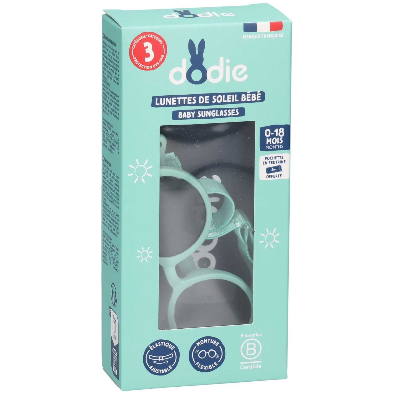 Boîte turquoise avec lunettes de soleil pour bébé. Fenêtre montrant les lunettes. Marque Dodie, texte: Lunettes de Soleil Bébé, 0-18 mois.
