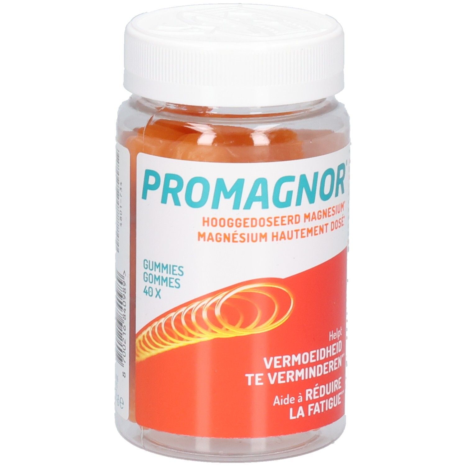 Promagnor-Gummis in einer Dose. Orangefarbene Gummis in einer transparenten Dose mit weißem Deckel.