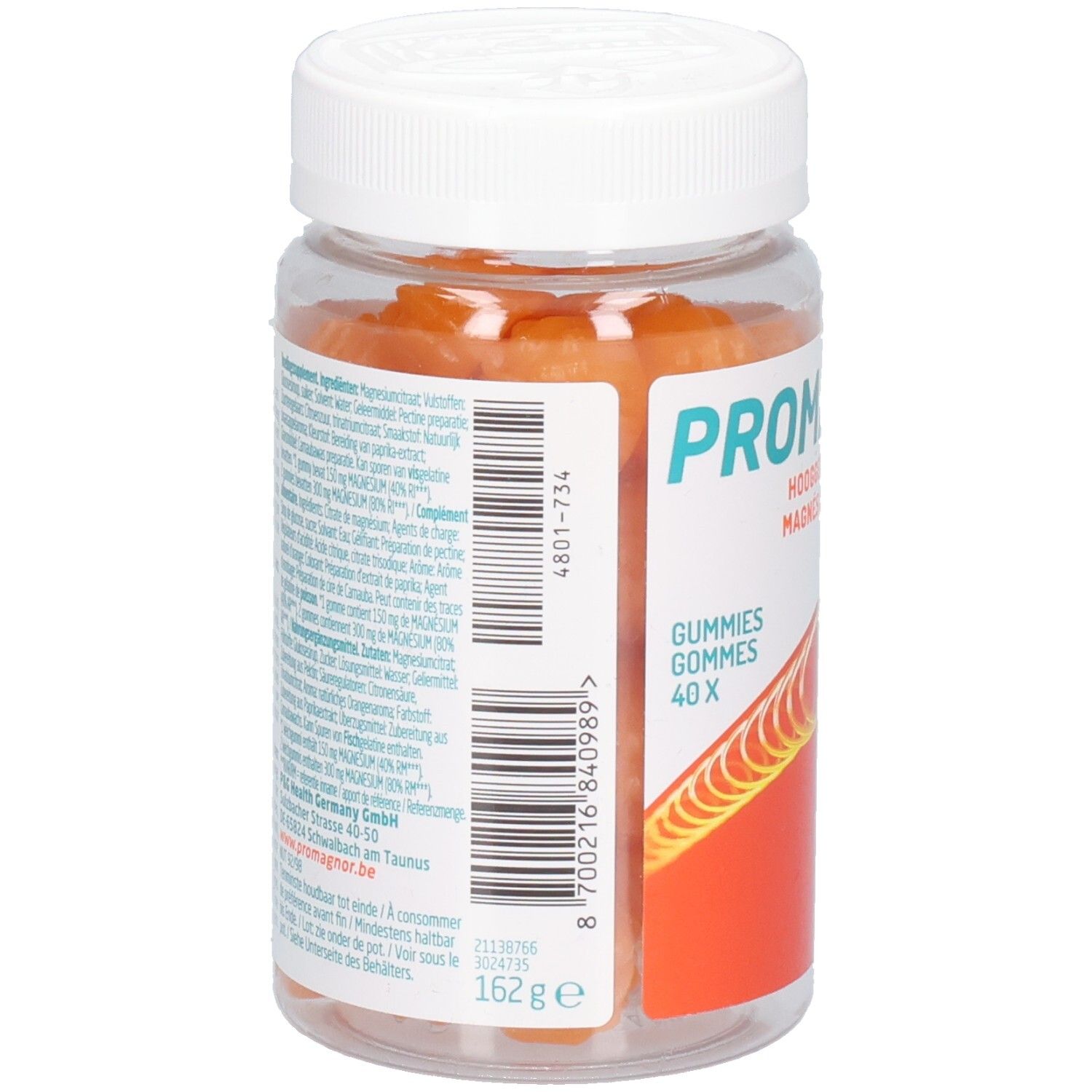 Rückseite der Promagnor-Gummis-Dose. Text mit Inhaltsstoffen und Nährwertangaben.