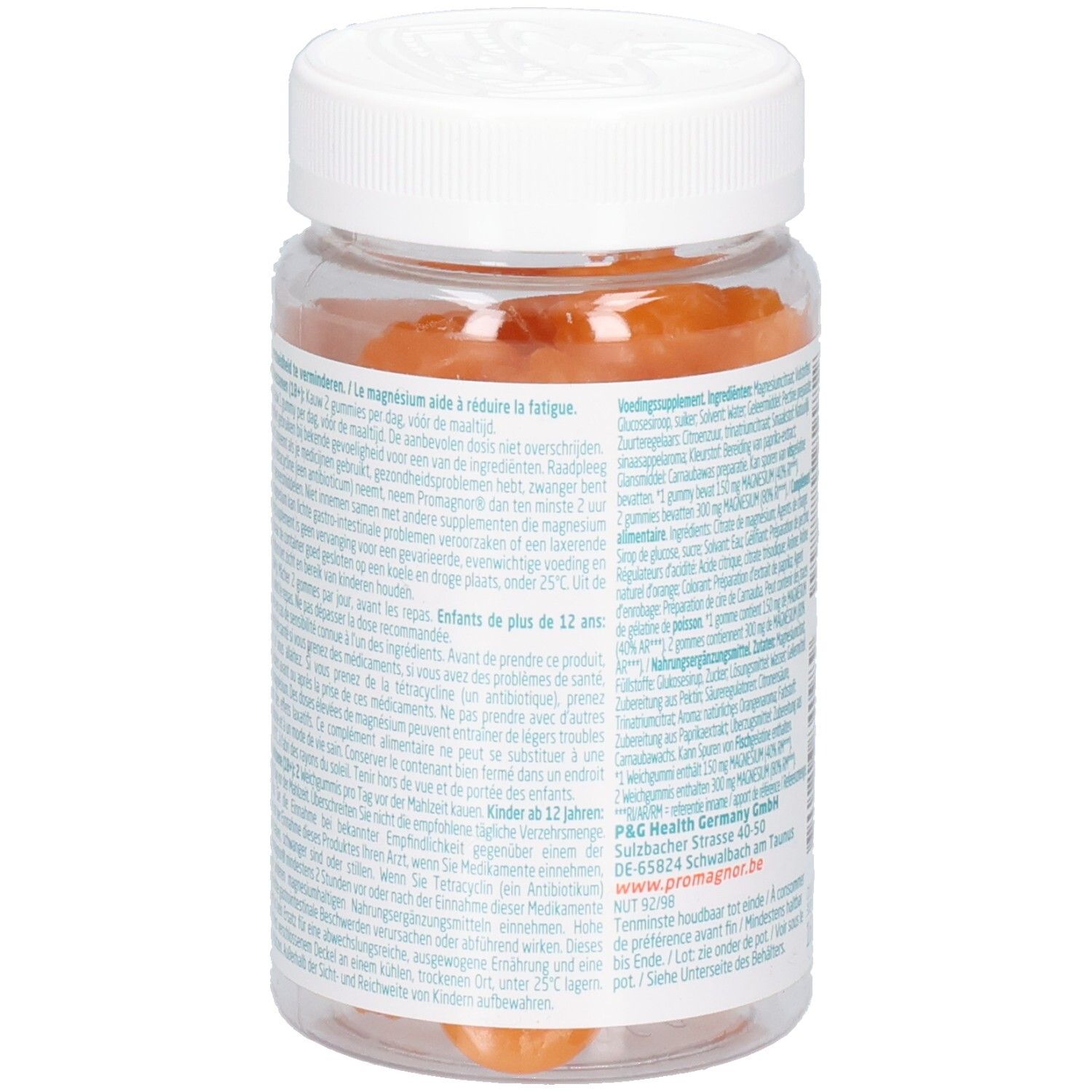 Rückseite der Promagnor-Gummis-Dose. Text mit Inhaltsstoffen und Nährwertangaben.