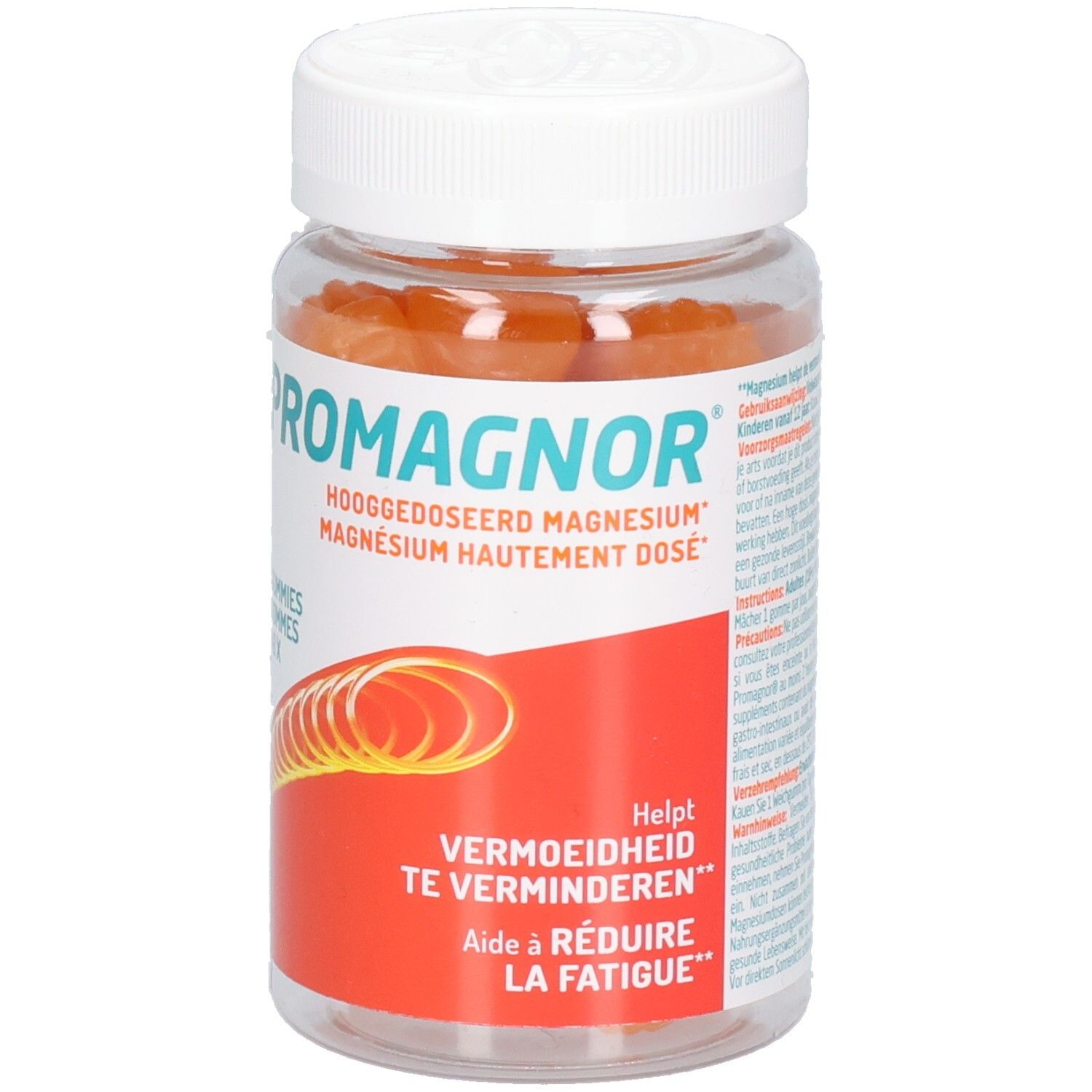 Promagnor-Gummis in einer Dose. Orangefarbene Gummis in einer transparenten Dose mit weißem Deckel.