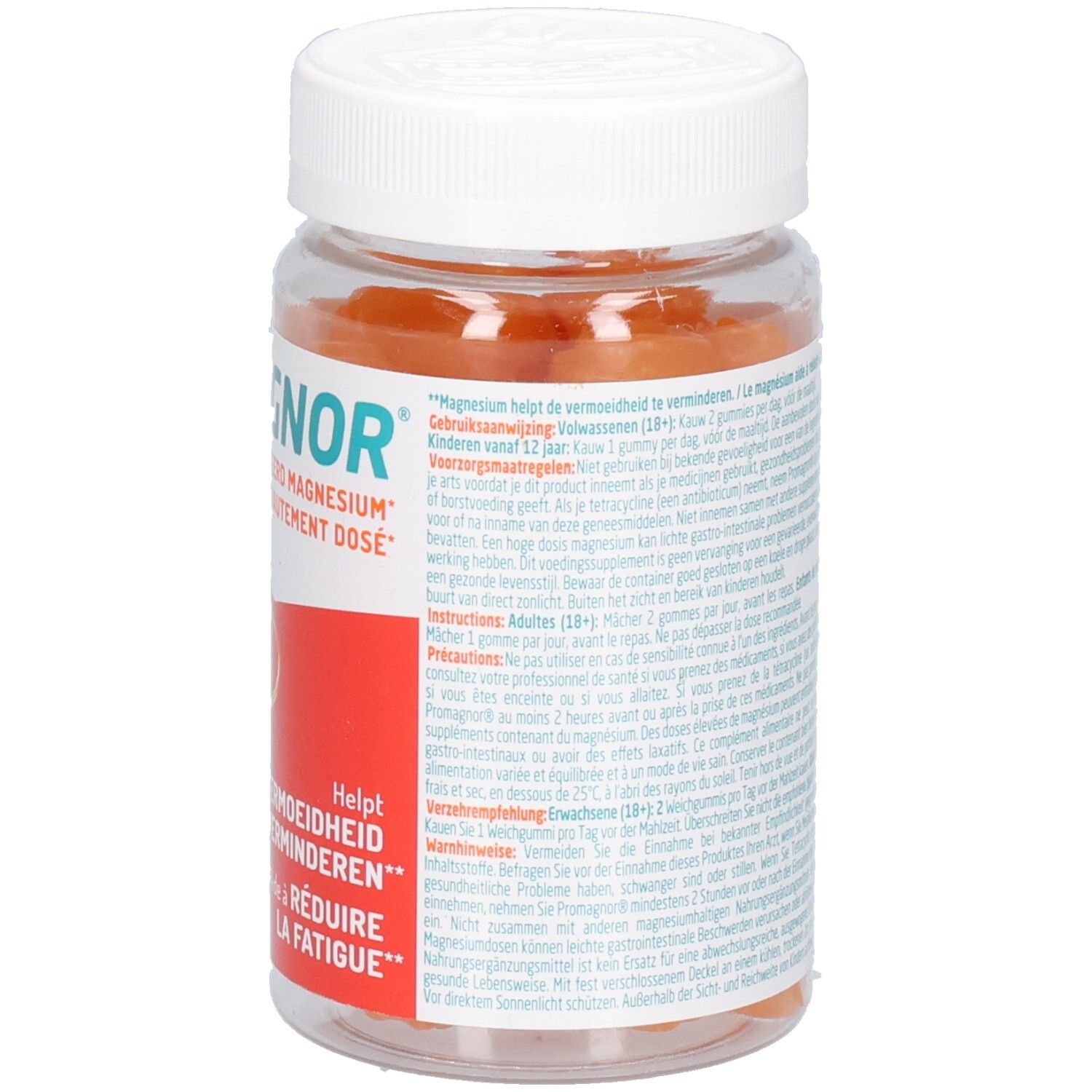 Rückseite der Promagnor-Gummis-Dose. Text mit Inhaltsstoffen und Nährwertangaben.